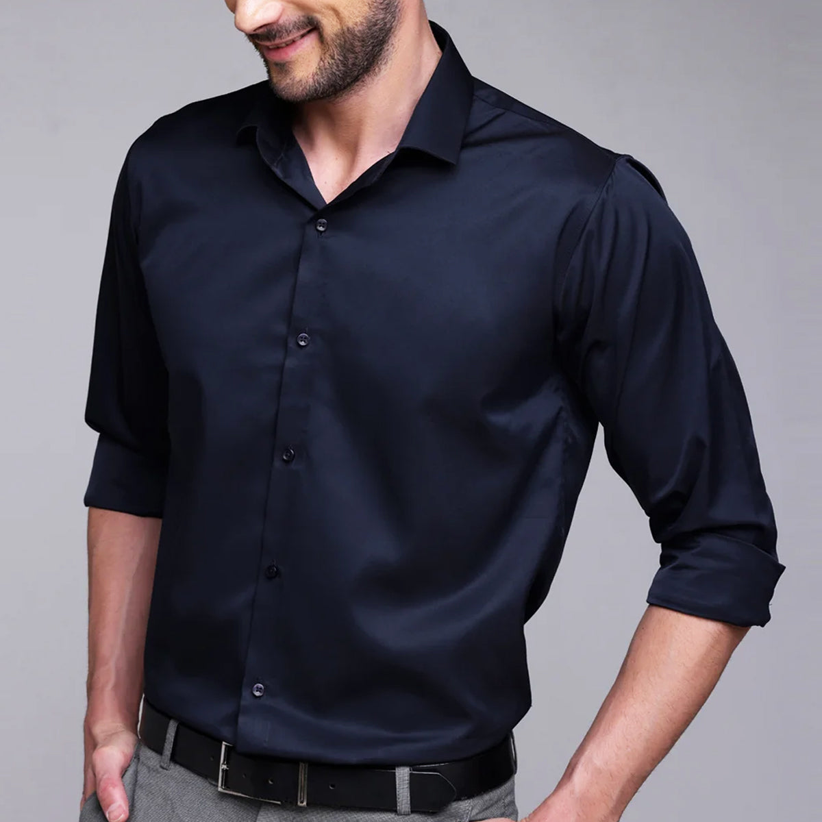 PREMIUM SATIN SHIRT FORMAL SHIRT FOR MEN LUXURIOUS SATIN LYCRA PARTY  WEAR-Navy Blue Shirt