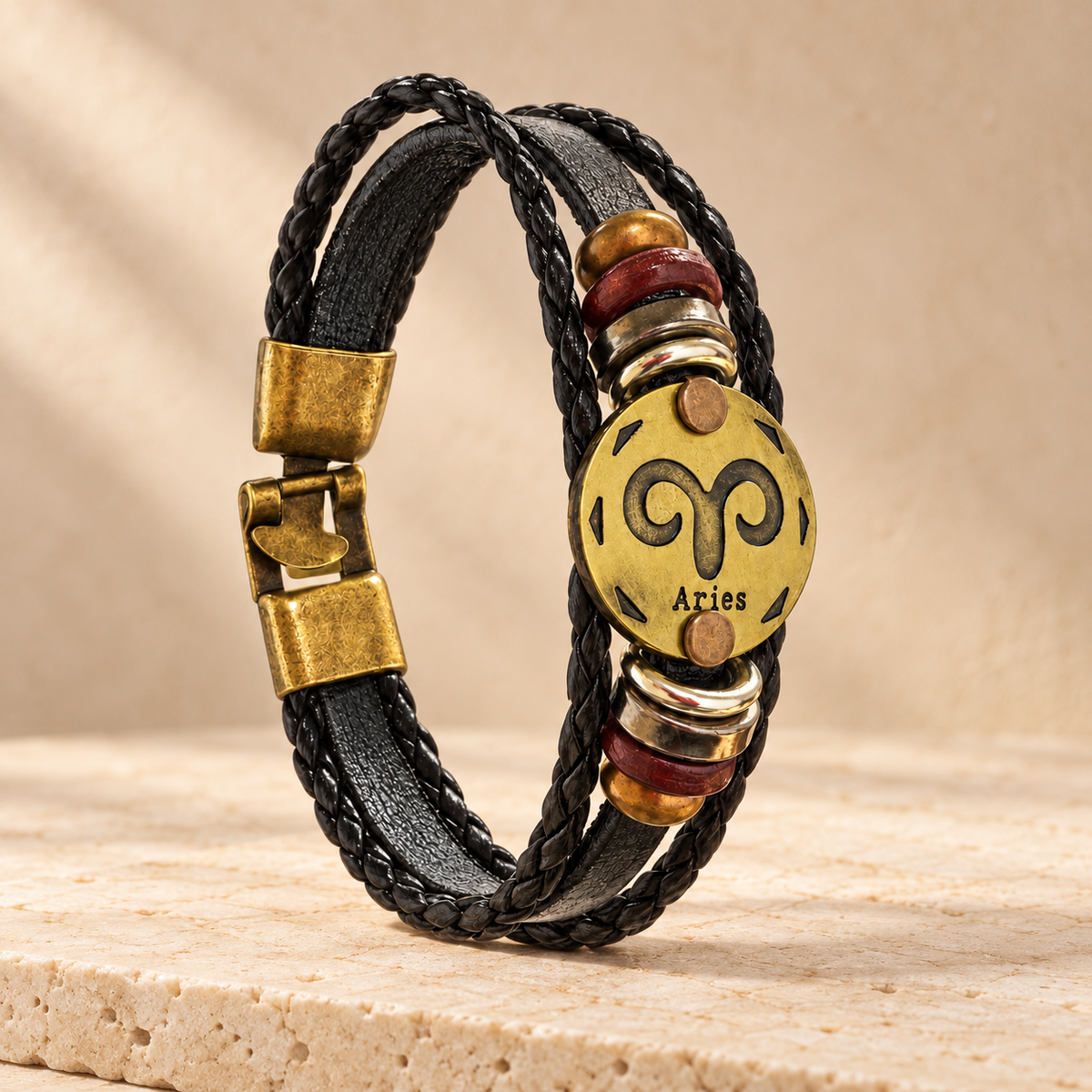 Aries (Mesh Rashi) Celestial Zodiac Leather Bracelet with Brass Signet