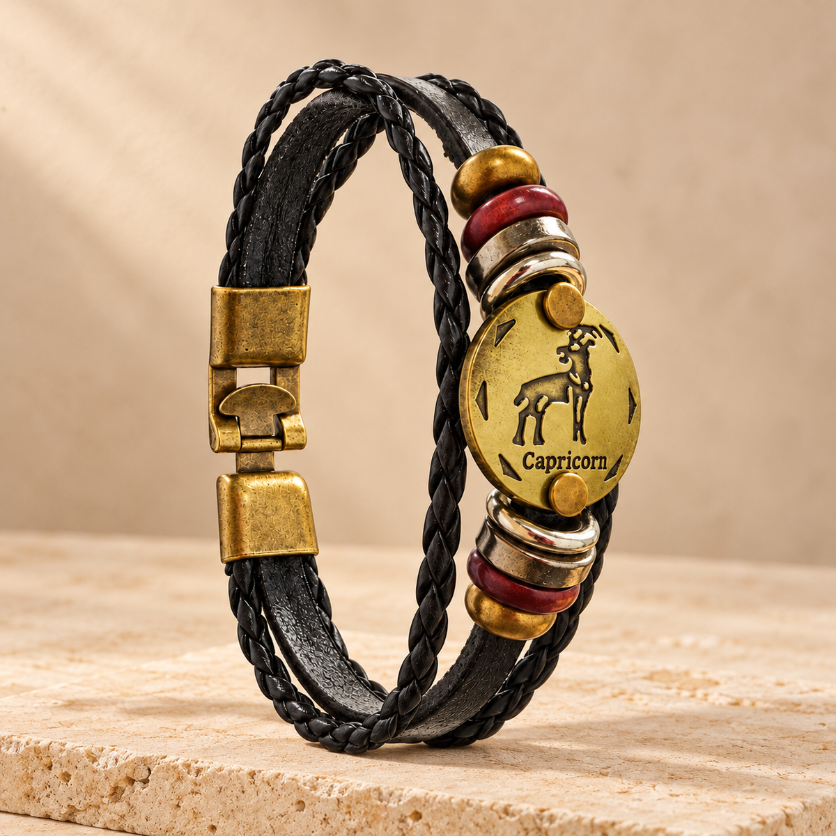 Capricorn (Makar Rashi) Celestial Zodiac Leather Bracelet with Brass Signet