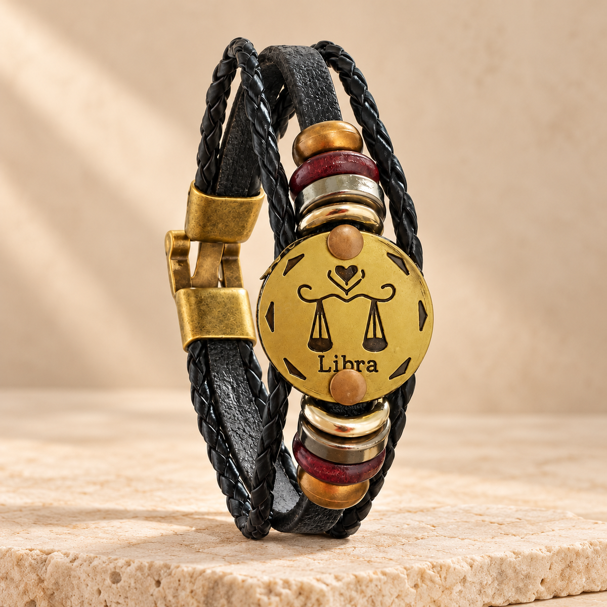 Libra (Tula Rashi) Celestial Zodiac Leather Bracelet with Brass Signet