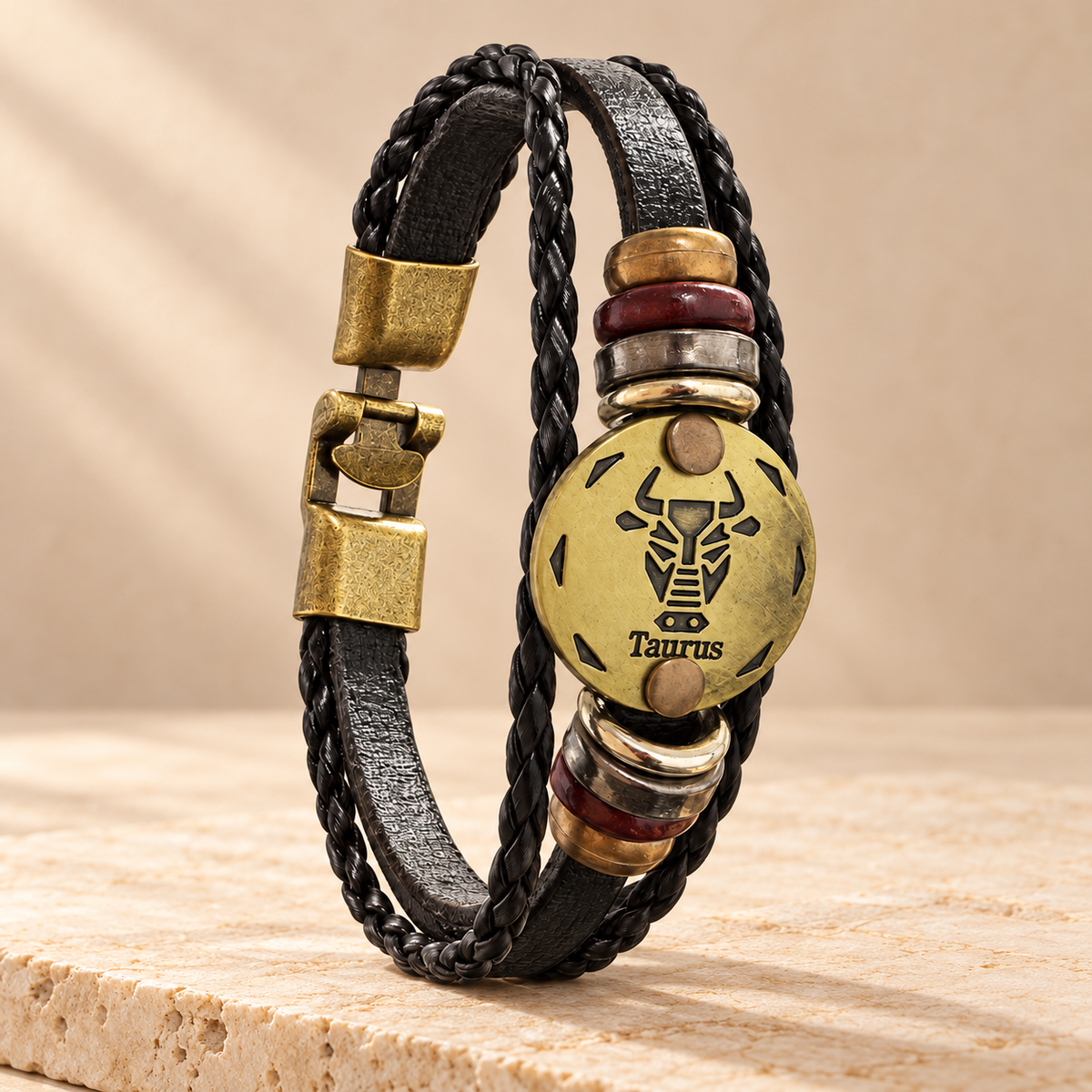 Taurus (Vrishabh Rashi) Celestial Zodiac Leather Bracelet with Brass Signet