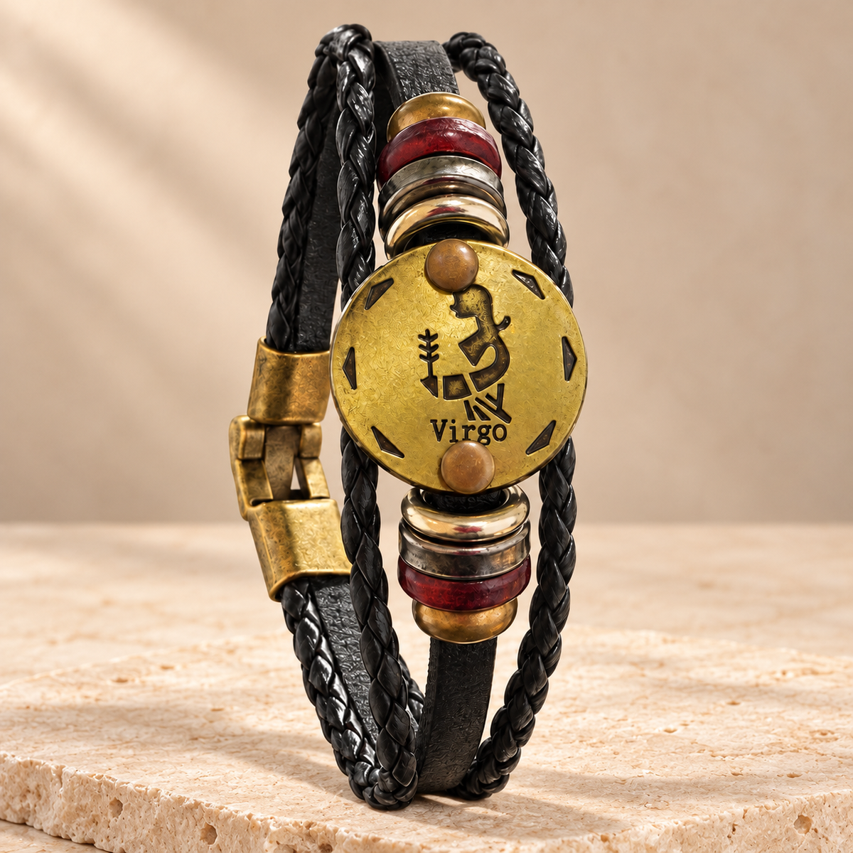 Virgo (Kanya Rashi) Celestial Zodiac Leather Bracelet with Brass Signet