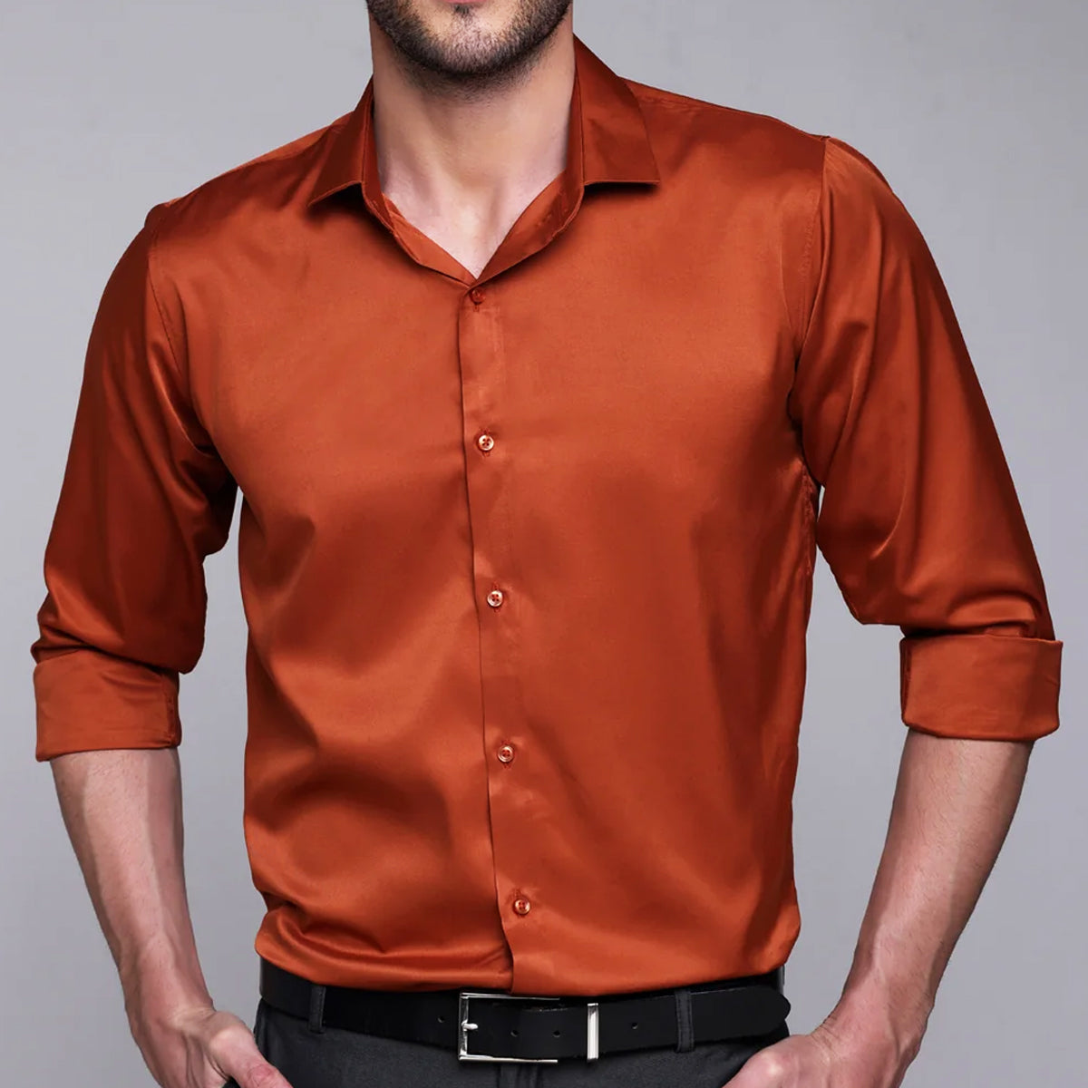 PREMIUM SATIN SHIRT FORMAL SHIRT FOR MEN LUXURIOUS SATIN LYCRA PARTY  WEAR-Orange Shirt