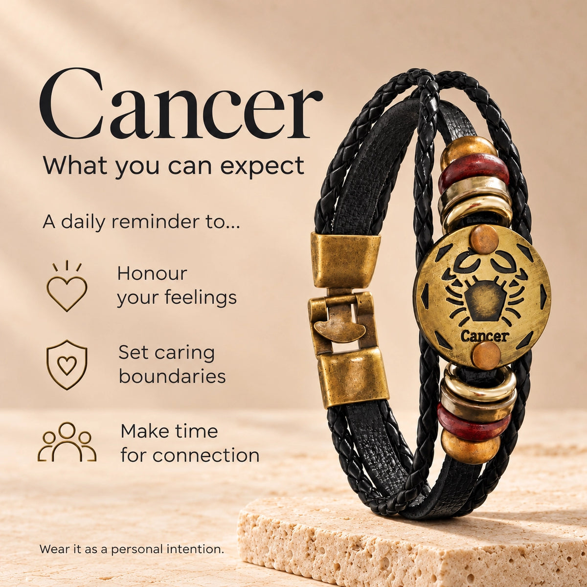 Cancer (Kark Rashi) Celestial Zodiac Leather Bracelet with Brass Signet