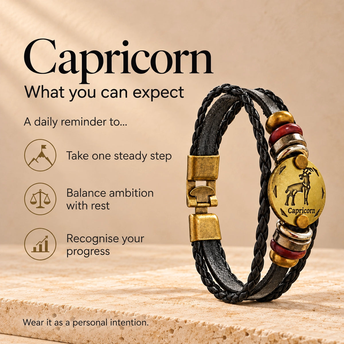 Capricorn (Makar Rashi) Celestial Zodiac Leather Bracelet with Brass Signet
