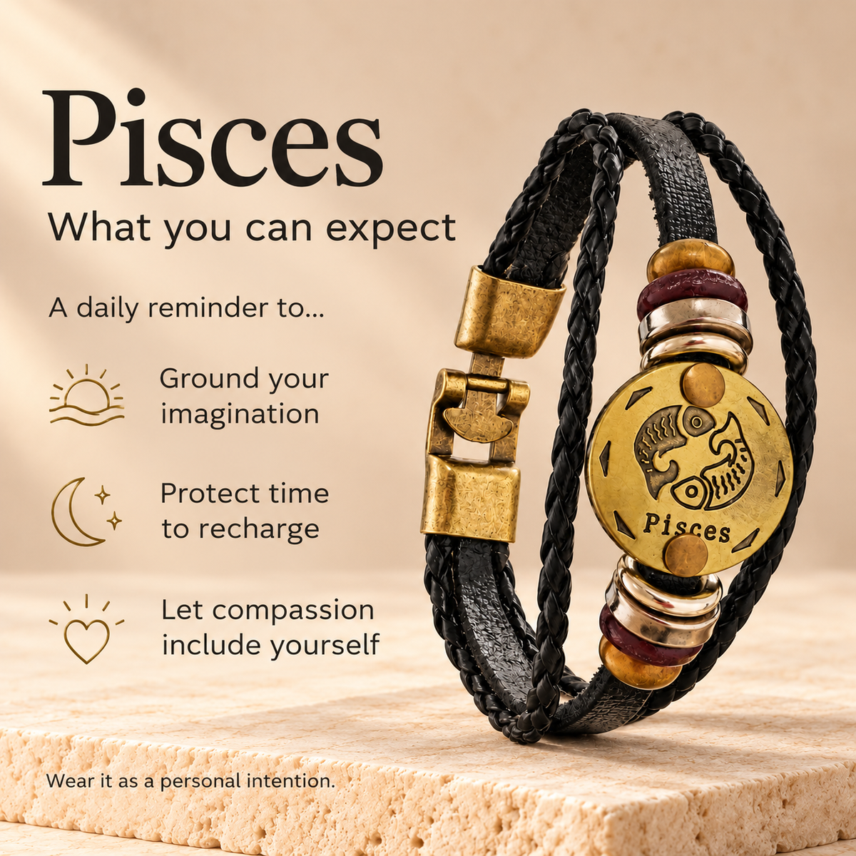 Pisces (Meen Rashi) Celestial Zodiac Leather Bracelet with Brass Signet