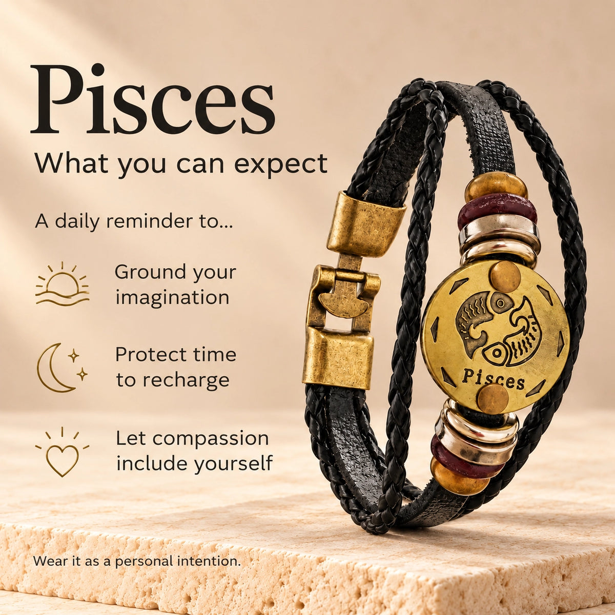 Pisces (Meen Rashi) Celestial Zodiac Leather Bracelet with Brass Signet