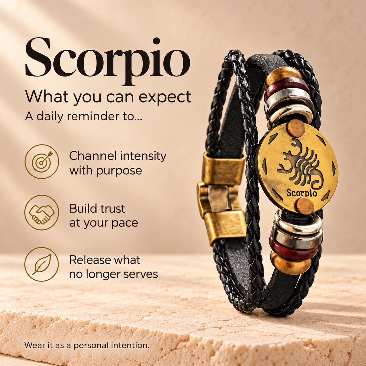 Scorpio (Vrishchik Rashi) Celestial Zodiac Leather Bracelet with Brass Signet