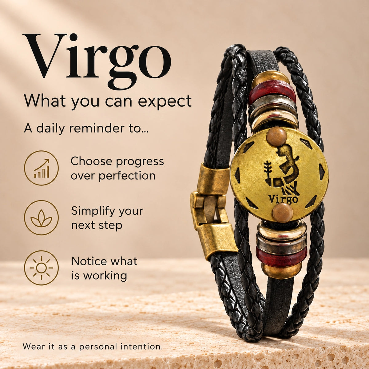 Virgo (Kanya Rashi) Celestial Zodiac Leather Bracelet with Brass Signet
