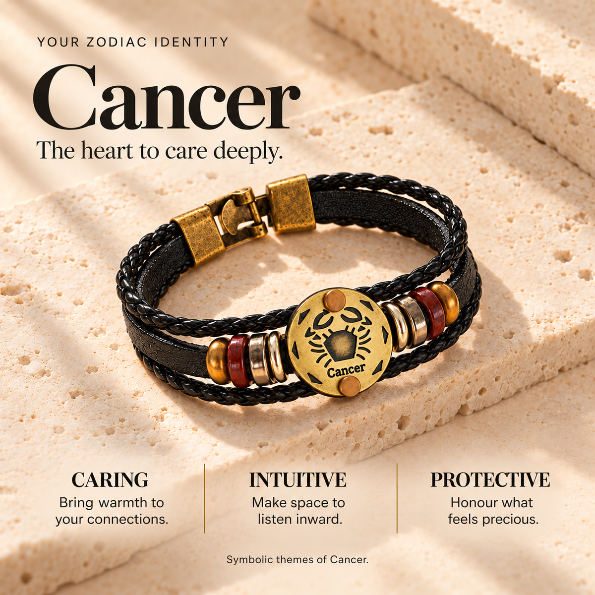 Cancer (Kark Rashi) Celestial Zodiac Leather Bracelet with Brass Signet