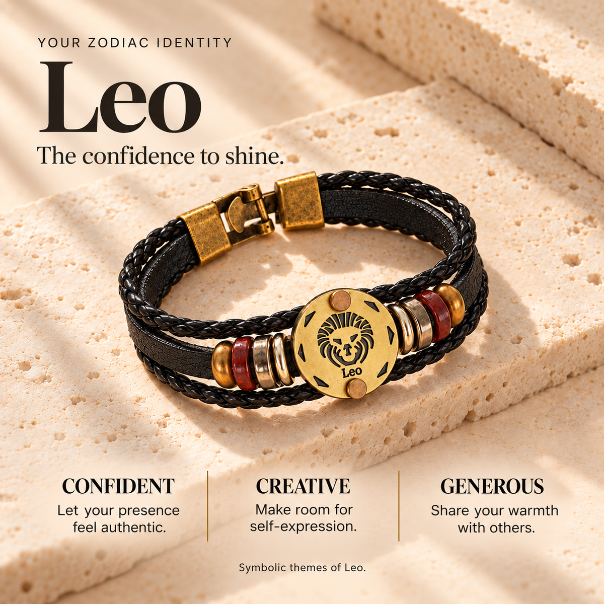 Leo (Singh Rashi) Celestial Zodiac Leather Bracelet with Brass Signet