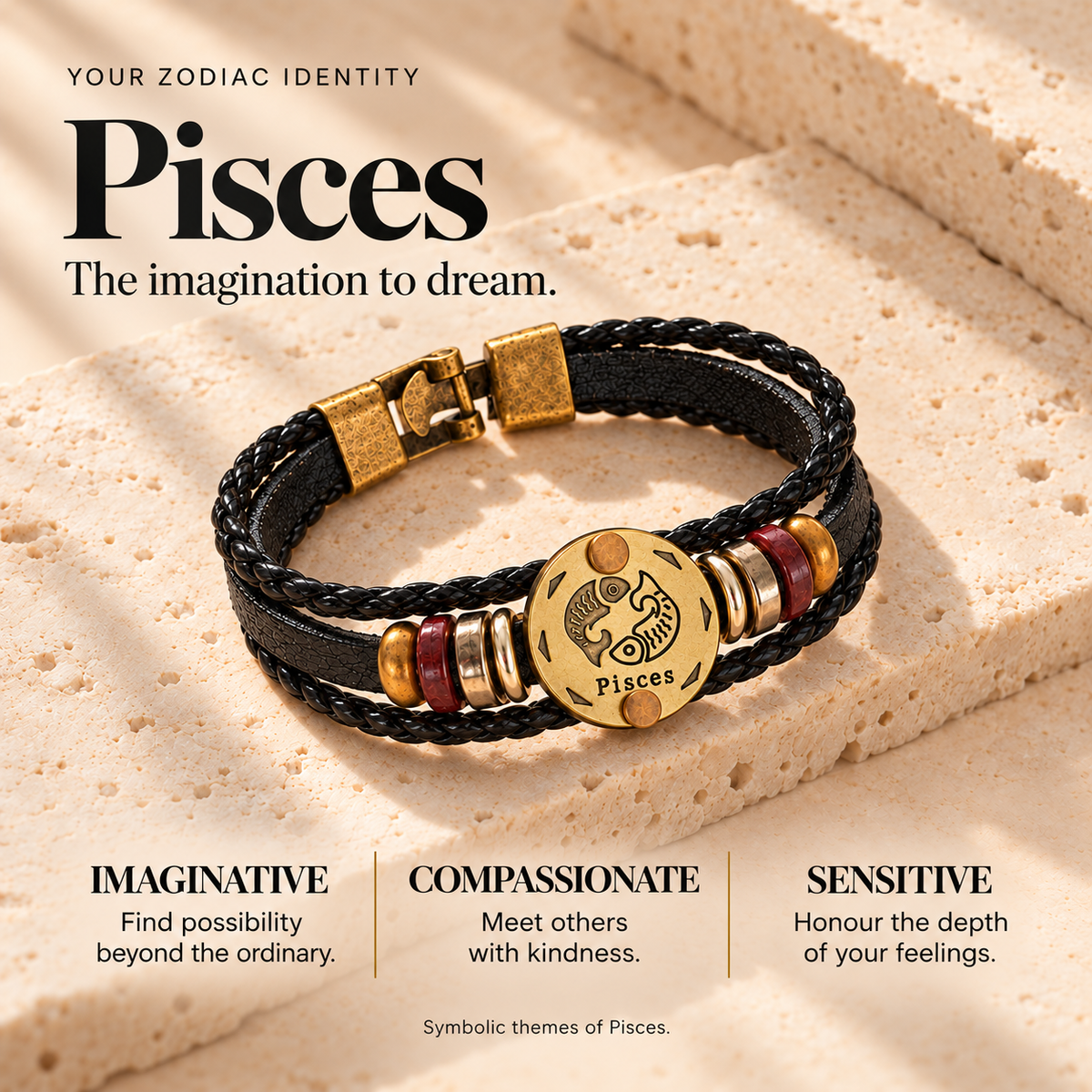 Pisces (Meen Rashi) Celestial Zodiac Leather Bracelet with Brass Signet