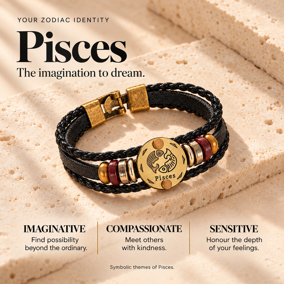 Pisces (Meen Rashi) Celestial Zodiac Leather Bracelet with Brass Signet