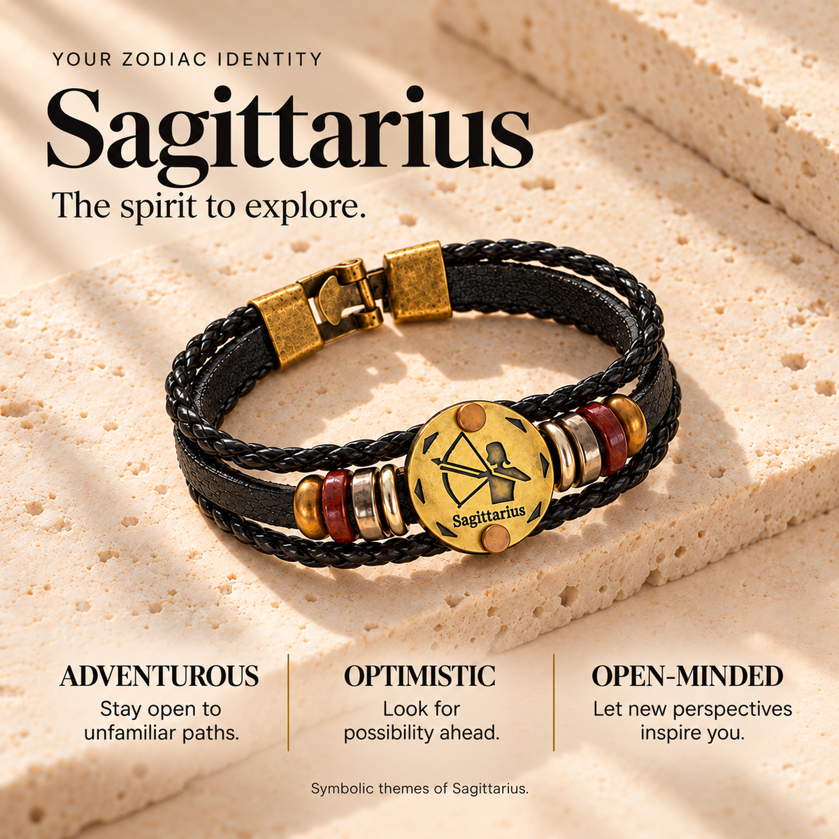 Sagittarius (Dhanu Rashi) Celestial Zodiac Leather Bracelet with Brass Signet