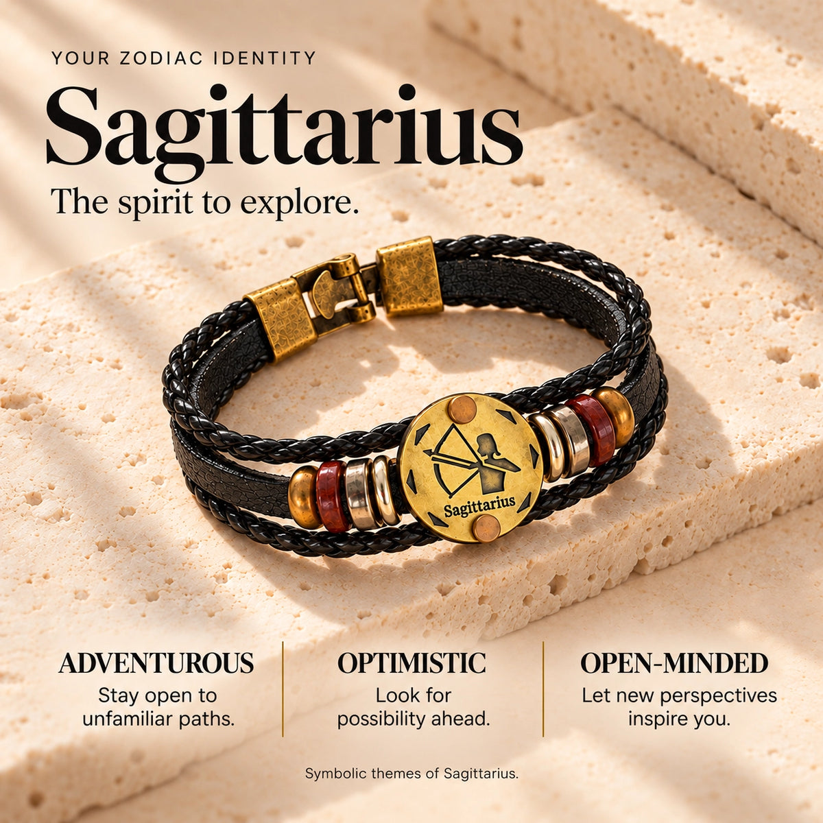 Sagittarius (Dhanu Rashi) Celestial Zodiac Leather Bracelet with Brass Signet
