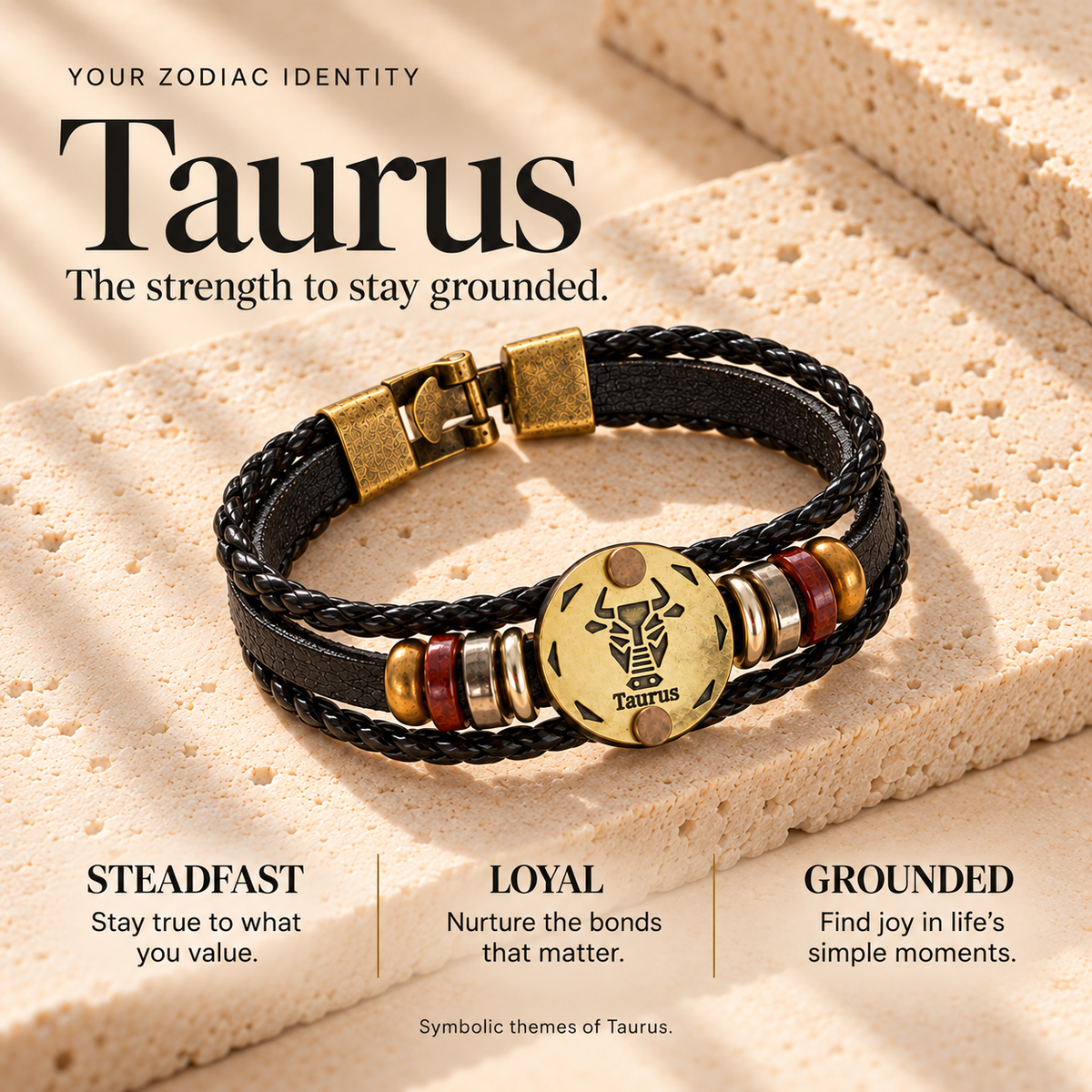 Taurus (Vrishabh Rashi) Celestial Zodiac Leather Bracelet with Brass Signet