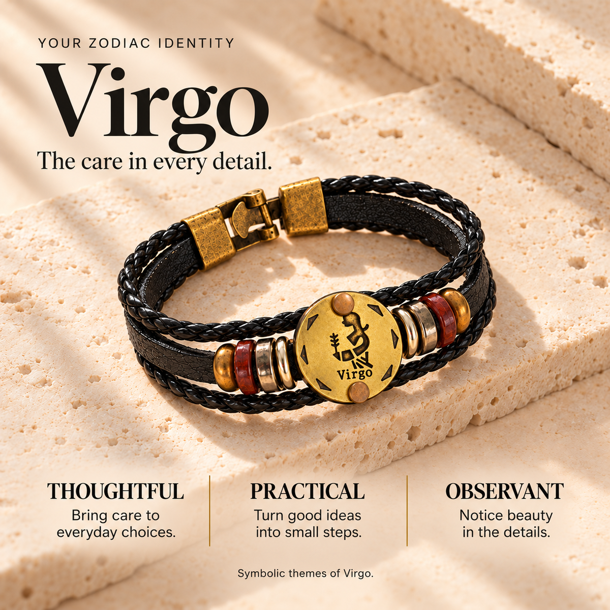 Virgo (Kanya Rashi) Celestial Zodiac Leather Bracelet with Brass Signet