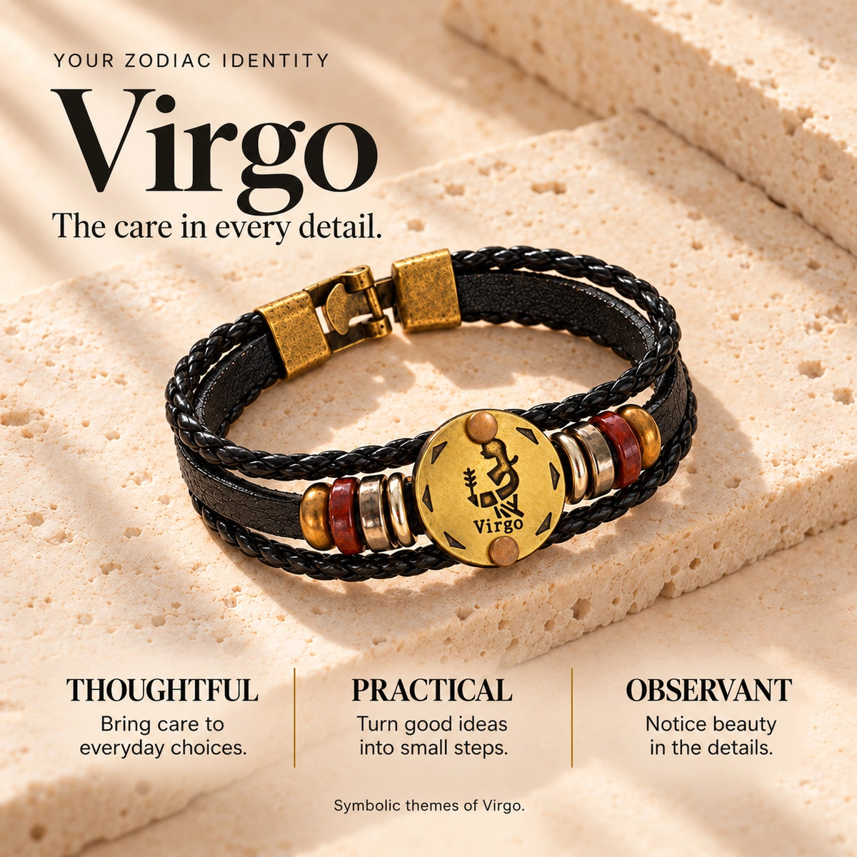 Virgo (Kanya Rashi) Celestial Zodiac Leather Bracelet with Brass Signet