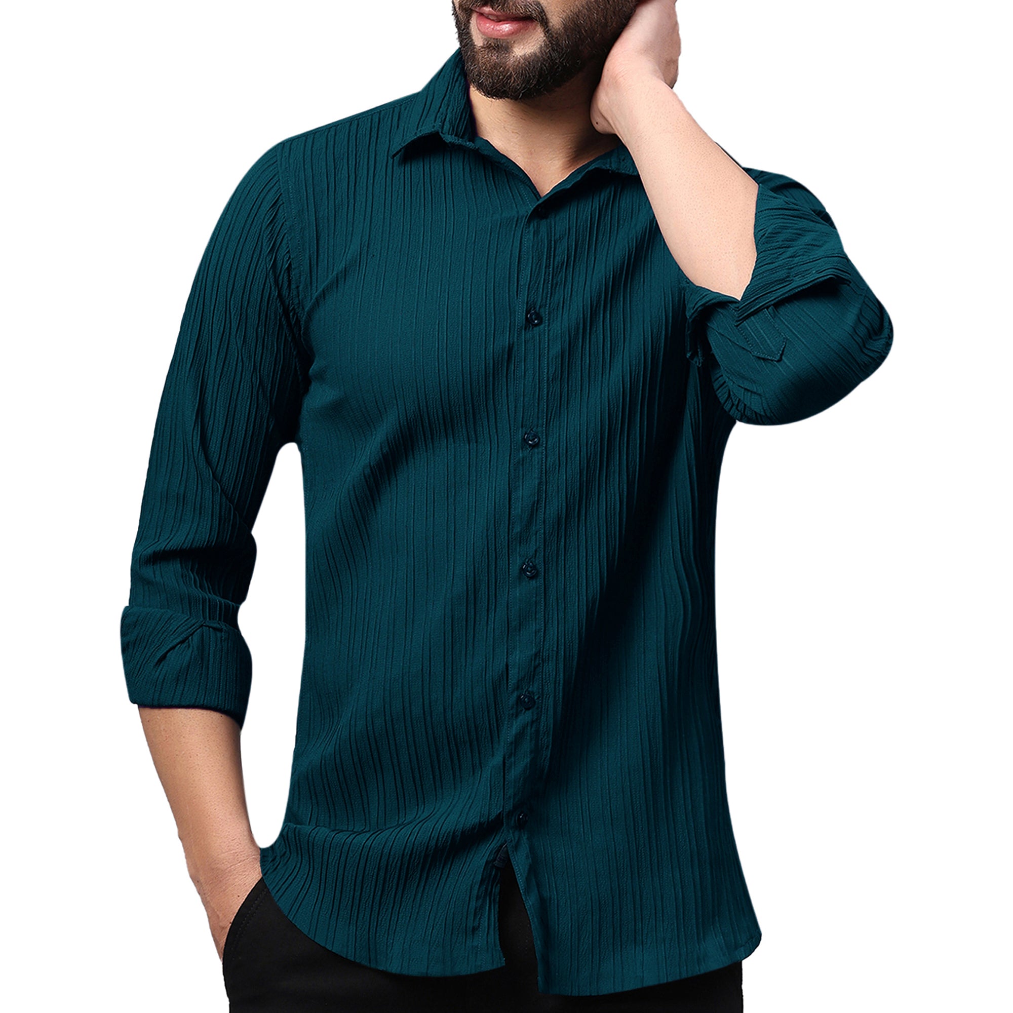 Crushed Self Stripe Dark Green Shirt