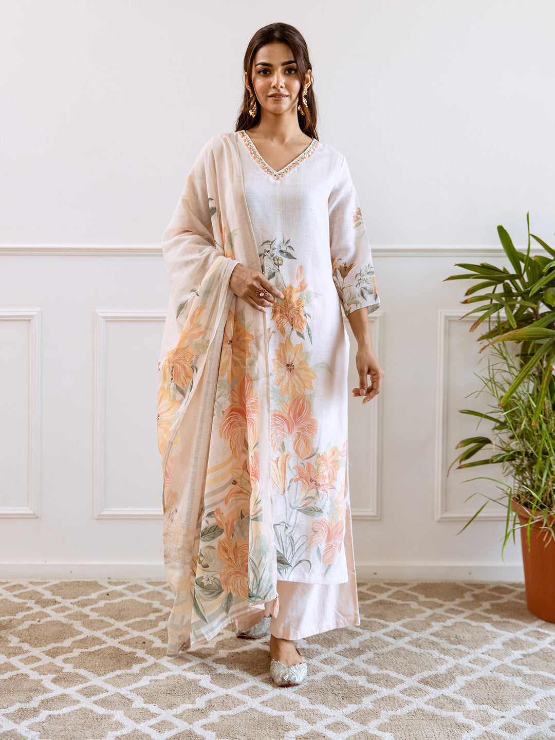 Floral Printed V-Neck Linen Straight Kurta Set with Dupatta- Cream