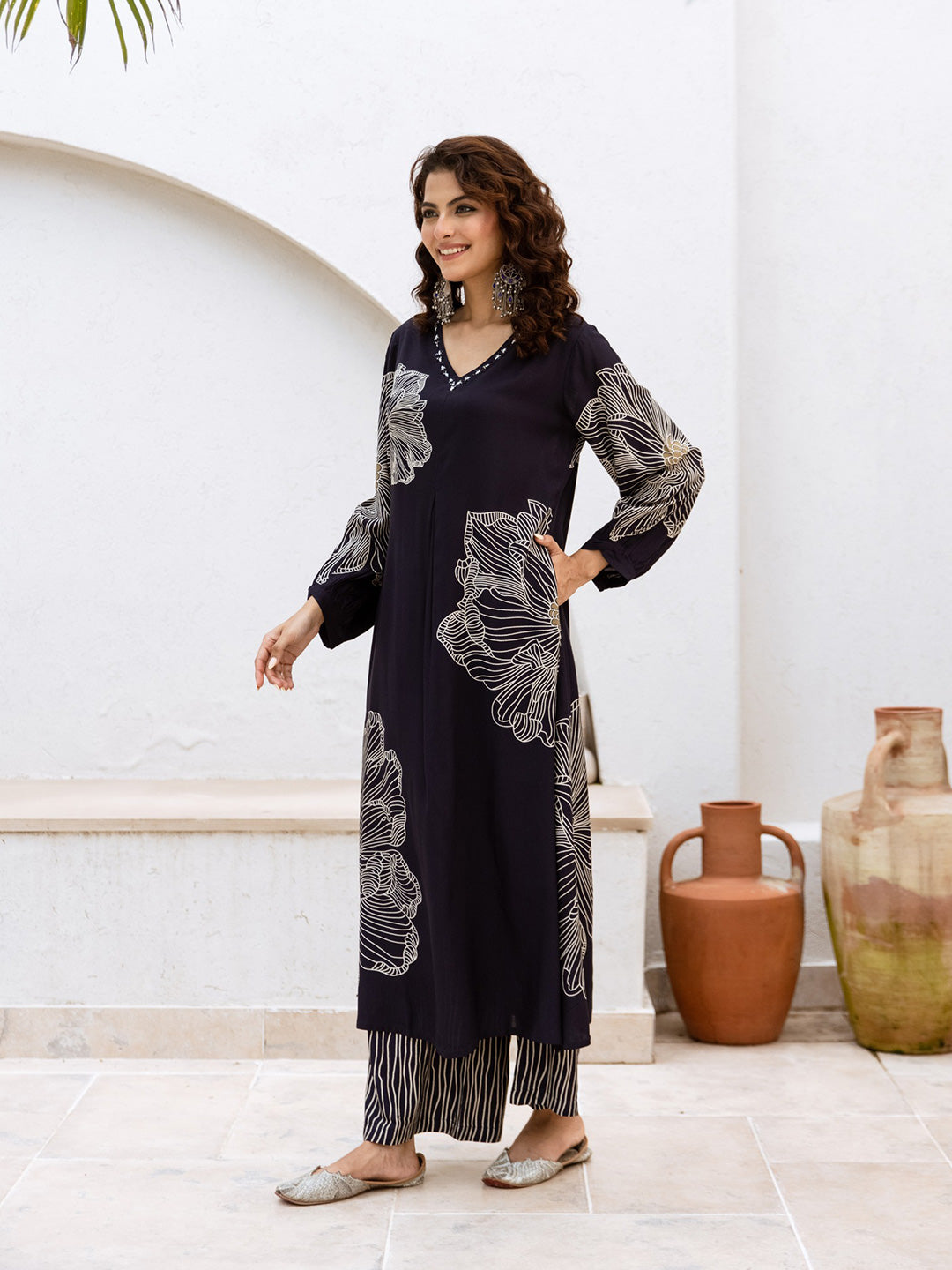 Floral Printed V-Neck A-Line Cotton Rayon Kurta Set- Navy Blue