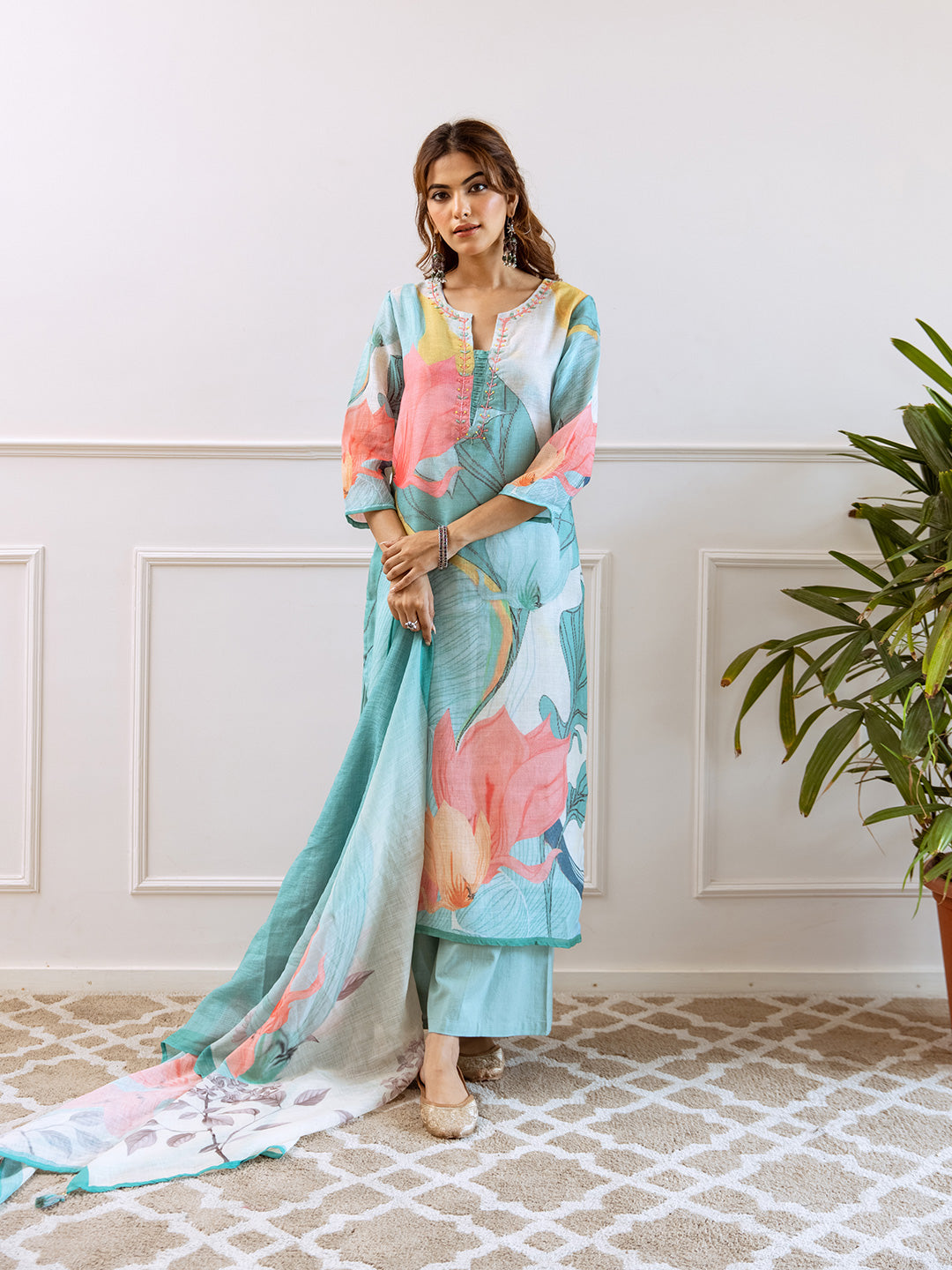 Floral Printed Notched Neck Linen Straight Kurta Set with Dupatta- Multicolor