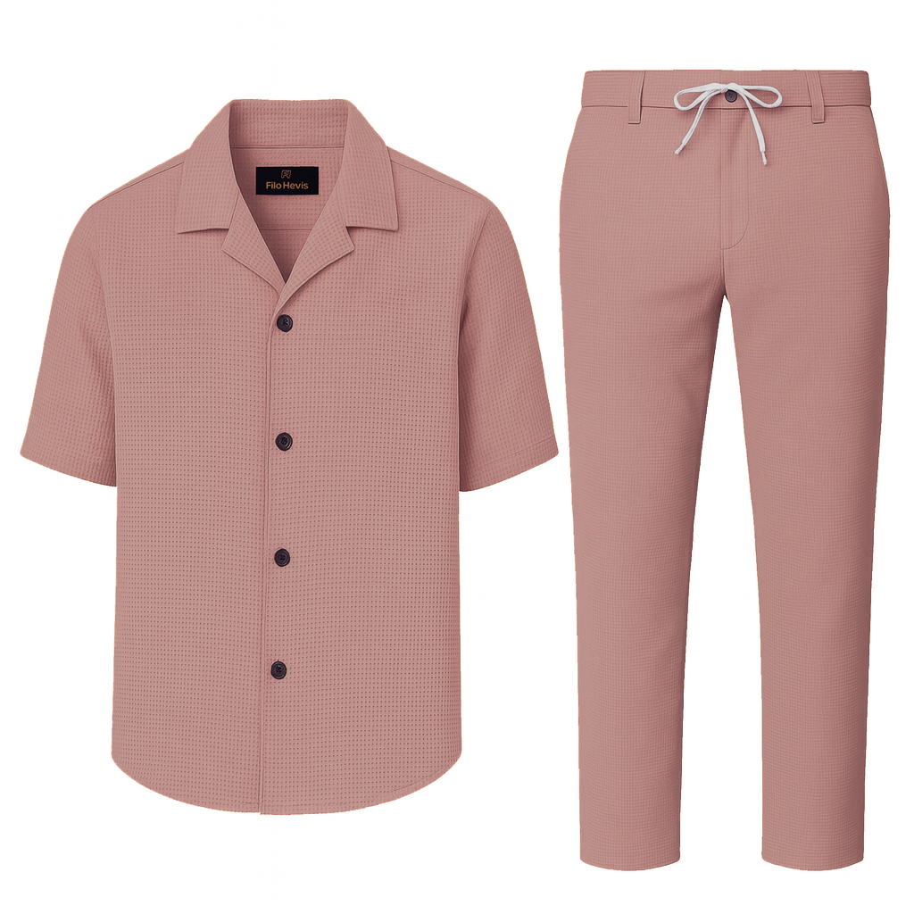 Men’s Premium Popcorn Texture Co-ord Set – Polyester Comfort Shirt & Trouser-Peach