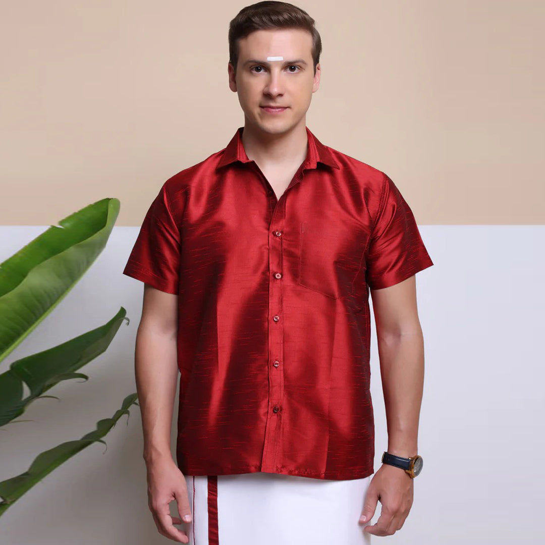 Premium Ethnic Shirts for Men Traditional South Indian Lungi Shirts (RED)