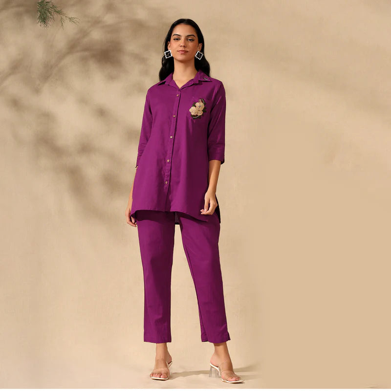 FLORAL EMBROIDERED COTTON CORD SET FOR WOMEN | SHIRT-PANT FUSION WEAR | MAGENTA