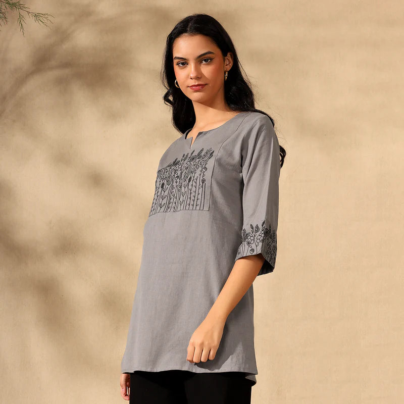 BOTANICAL EMBROIDERED COTTON KURTI FOR WOMEN | PERFECT FEMALE TUNIC FOR EVERYDAY WEAR | GREY