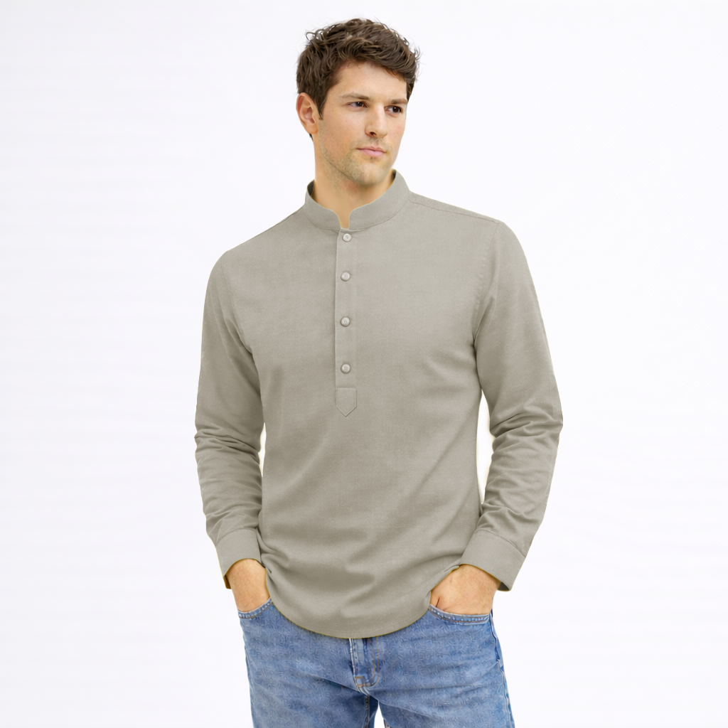 Cotton Chinese Collar Short Kurta for Men | Traditional Nehru Ethnic Shirts | Daily Wear-Grey Filo Hevis
