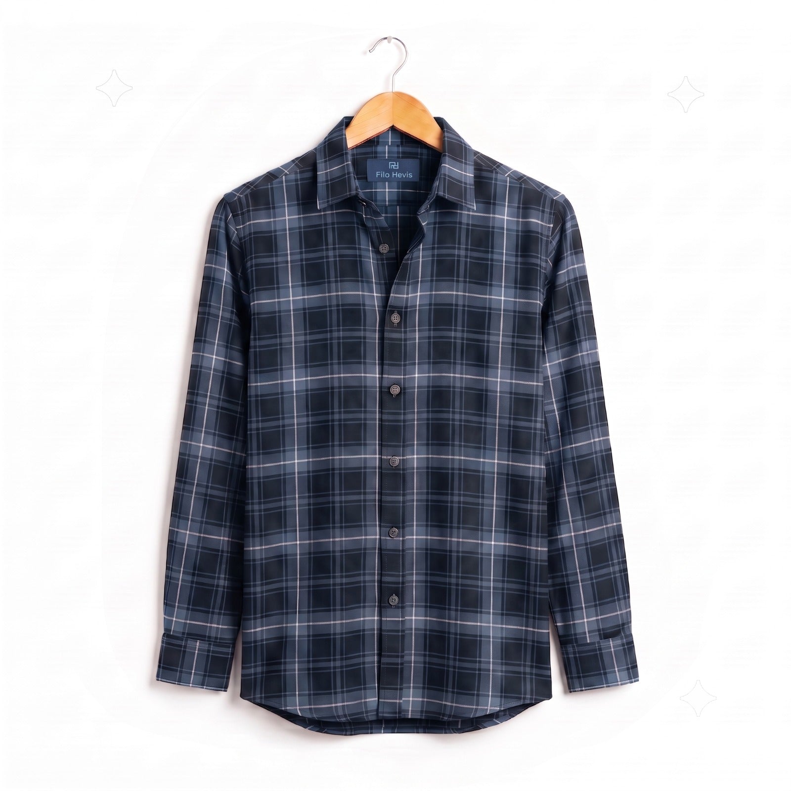FORMAL COTTON CHECK SHIRTS FOR MEN - Blue Plaid (Long Sleeve) Filo Hevis
