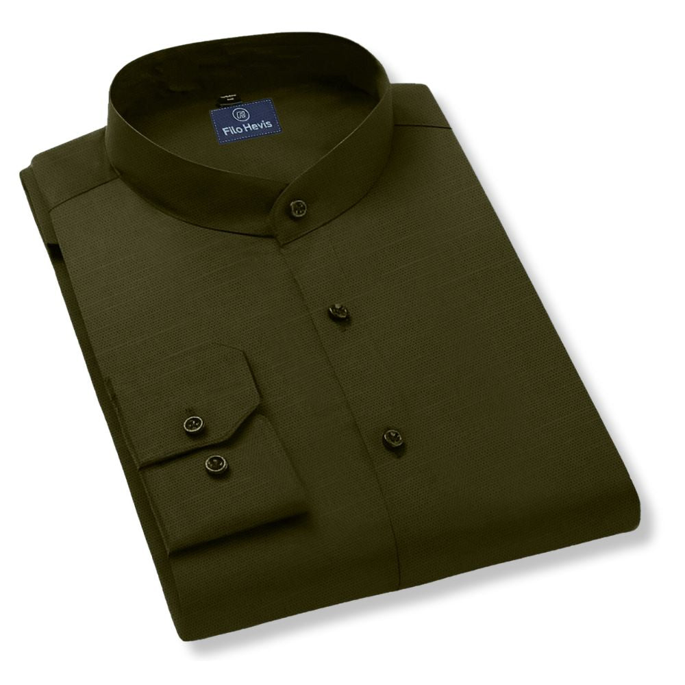 MEN’S CHINESE COLLAR SHIRT | FULL SLEEVE COTTON LINEN T-NECK SHIRT | DARK GREEN COLOR