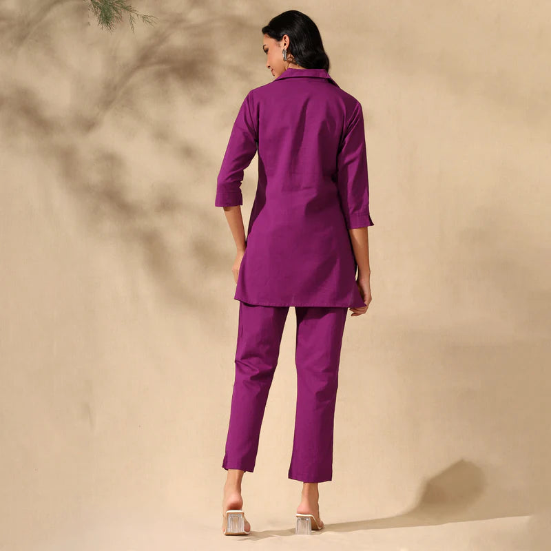 FLORAL EMBROIDERED COTTON CORD SET FOR WOMEN | SHIRT-PANT FUSION WEAR | MAGENTA