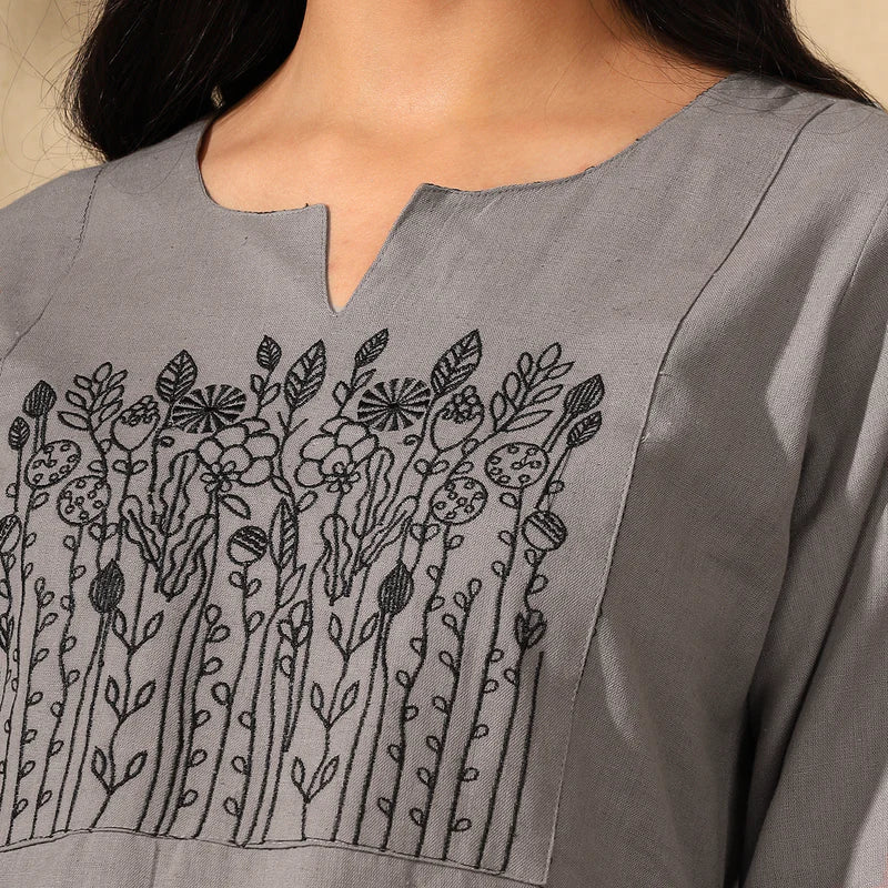 BOTANICAL EMBROIDERED COTTON KURTI FOR WOMEN | PERFECT FEMALE TUNIC FOR EVERYDAY WEAR | GREY