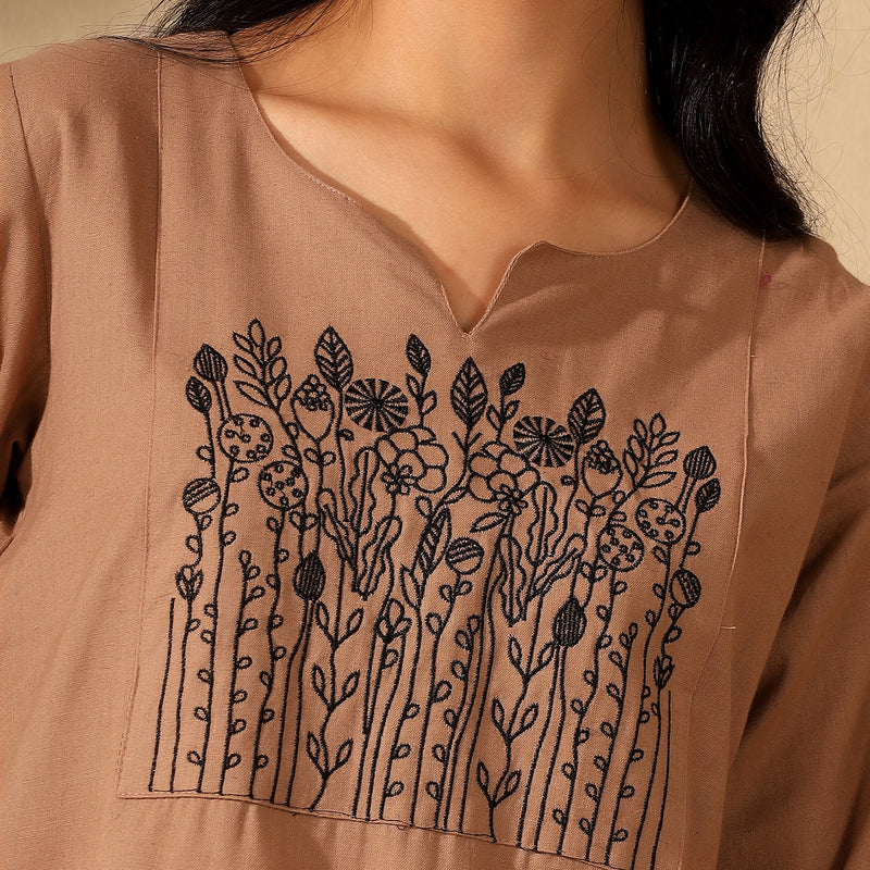 BOTANICAL EMBROIDERED COTTON CORD SET FOR WOMEN | KURTI AND PANTS COORDINATED SET | BEIGE