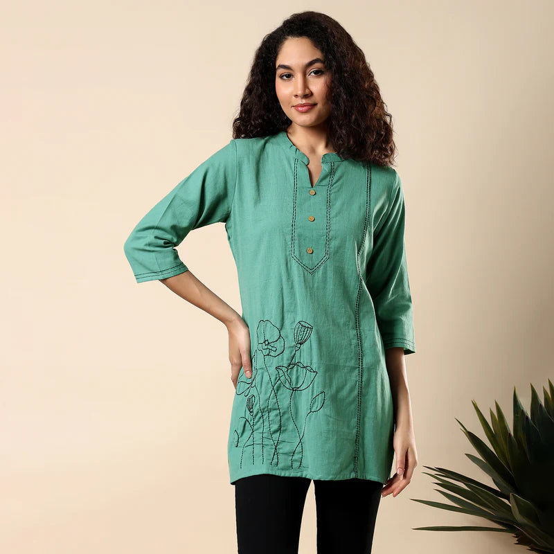 GORGEOUS GREEN FLORAL EMBROIDERED WOMEN KURTI | COTTON SHORT TUNIC FOR EVERYDAY WEAR