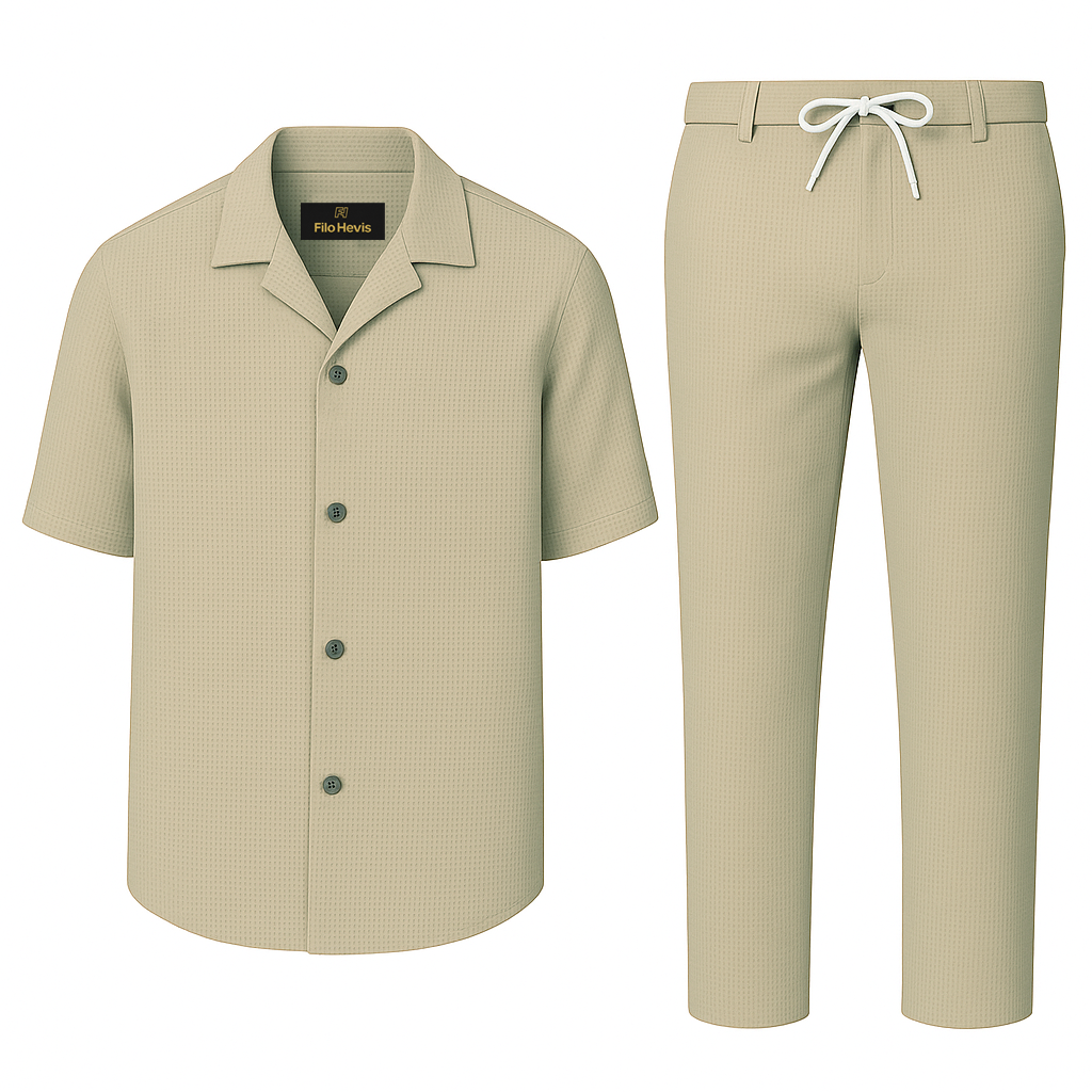 Men’s Premium Popcorn Texture Co-ord Set – Polyester Comfort Shirt & Trouser-Cream