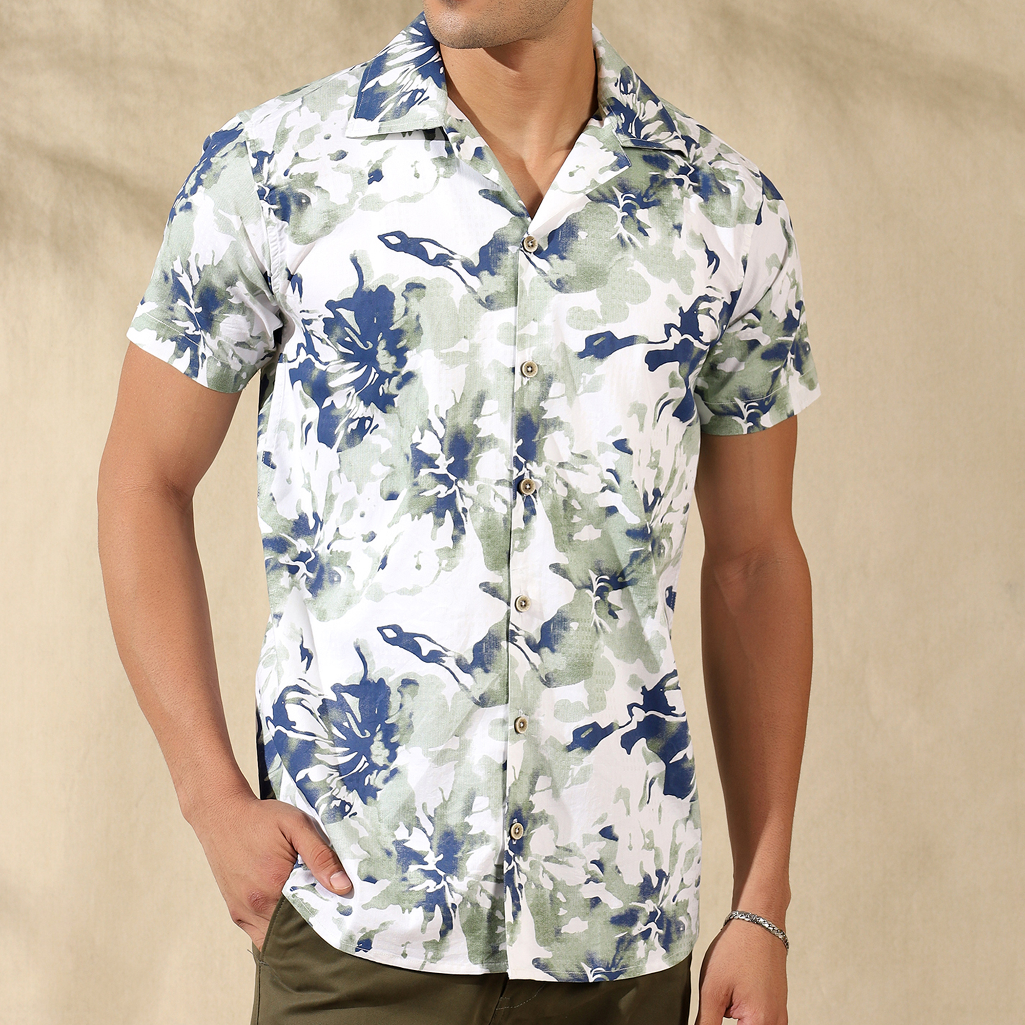 LIGHT GREEN HALF CASUAL PRINTED COTTON SHIRT REGULAR FIT FOR MEN