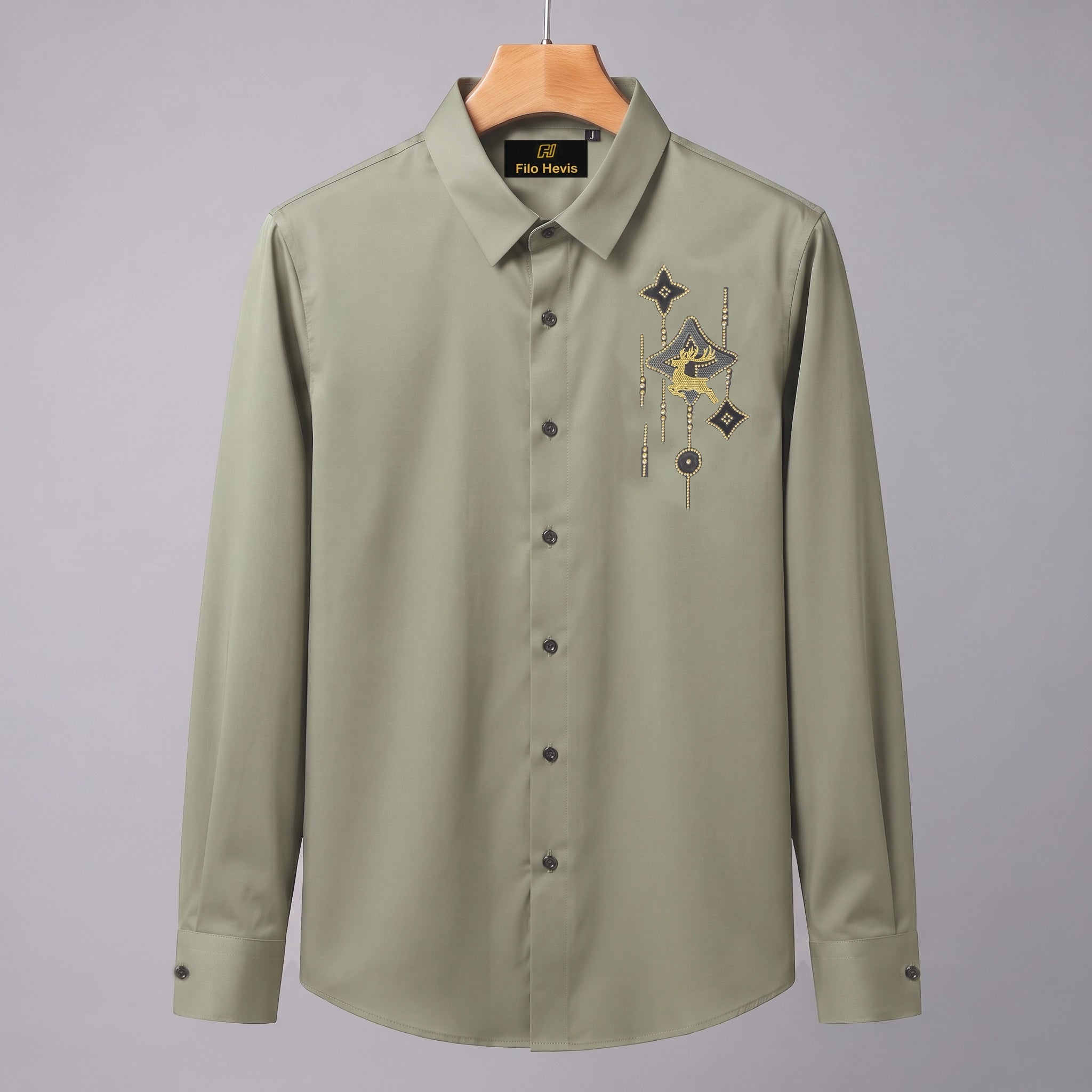 PARTY SHIRTS FOR MEN | PREMIUM SHIRTS | CLUB SHIRTS Deer Embroidery-Light-Greyish-Green