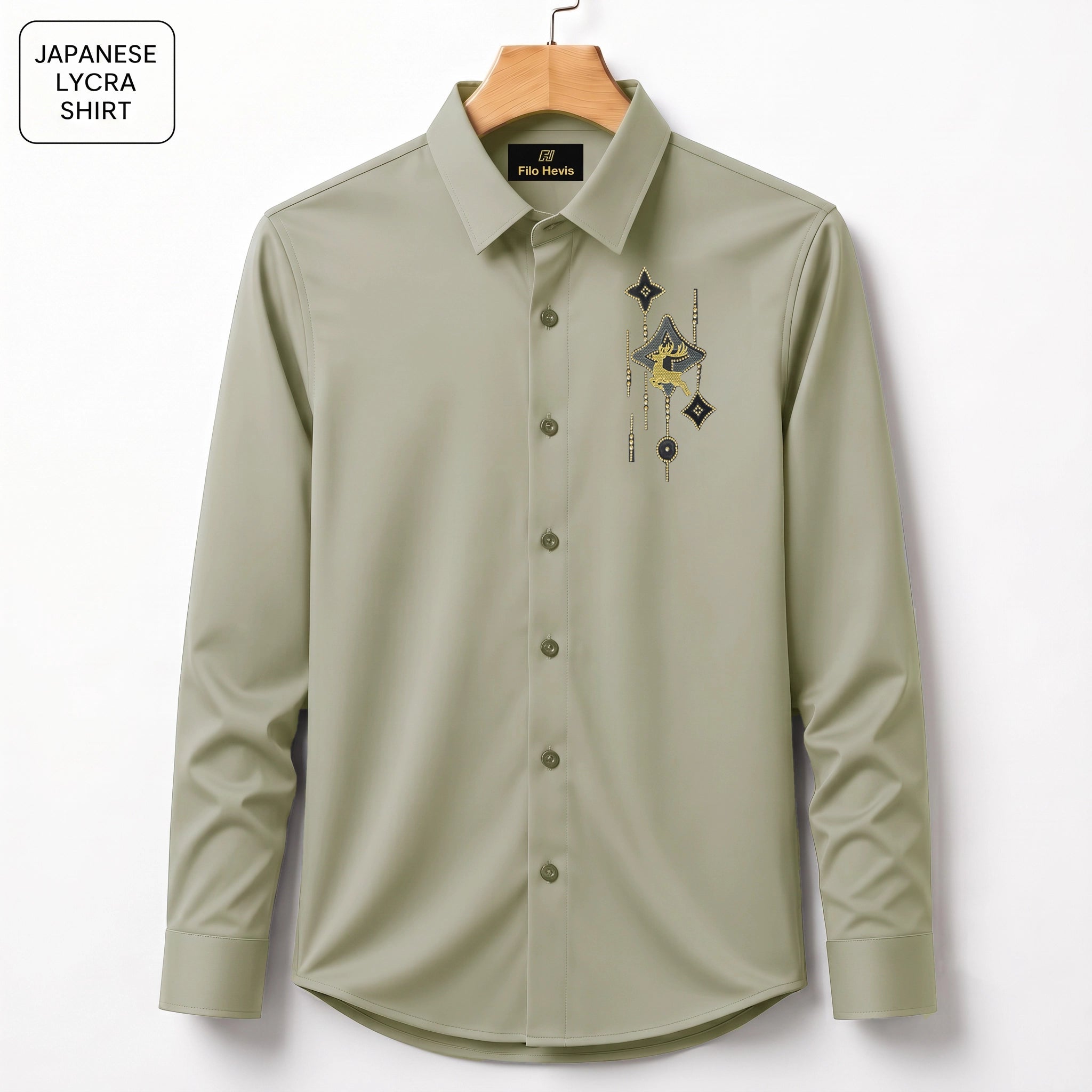 Deer Embroidery Party Shirts | Club Wear | Light-Greyish-Green