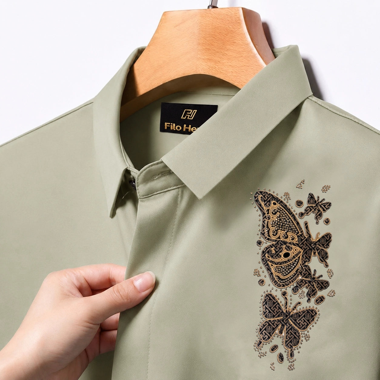 PARTY SHIRTS FOR MEN | PREMIUM SHIRTS | CLUB SHIRTS Butterfly Embroidery-Light-Greyish-Green