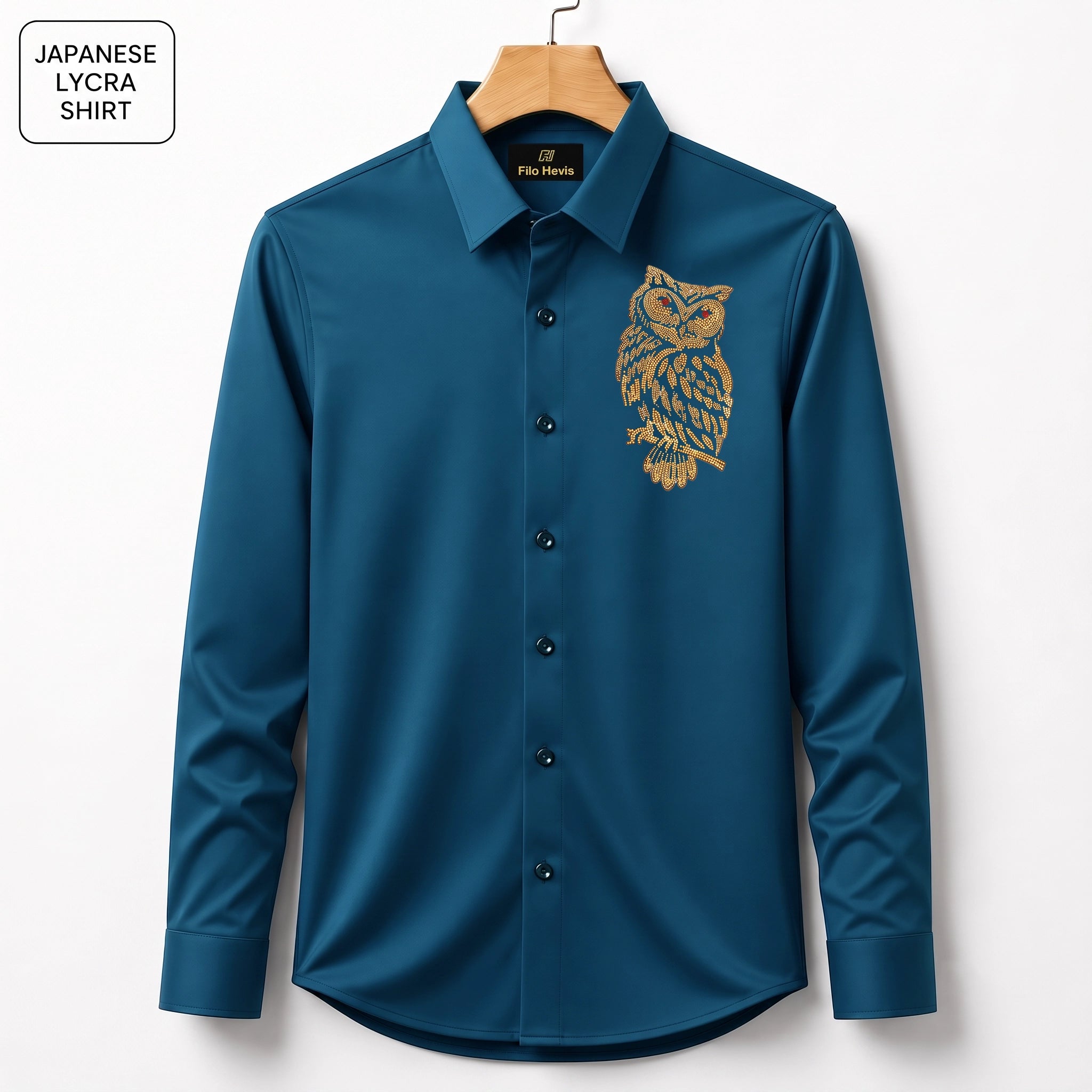 Owl Embroidery Party Shirts | Club Wear | Teal Blue
