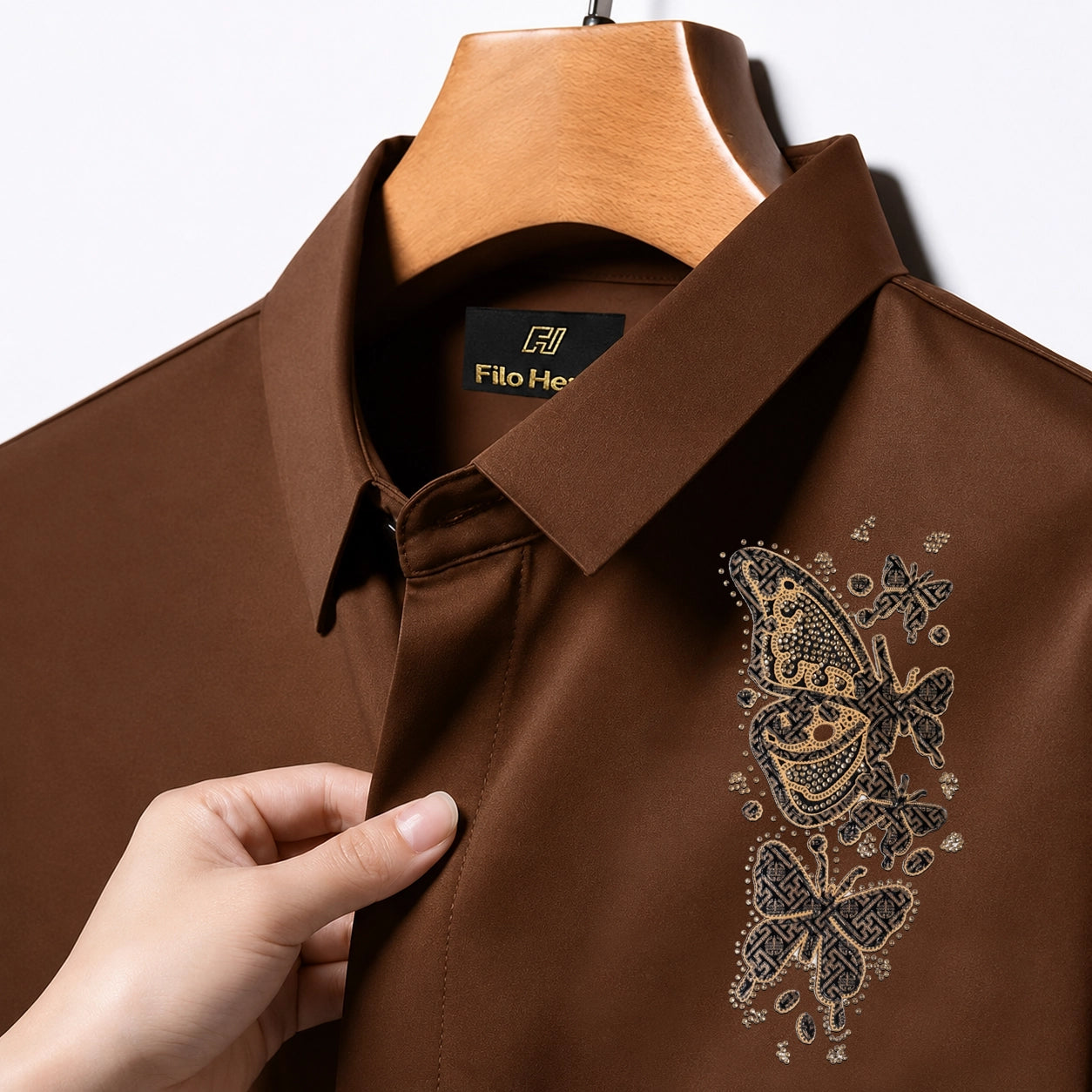 PARTY SHIRTS FOR MEN | PREMIUM SHIRTS | CLUB SHIRTS Butterfly Embroidery-Brown