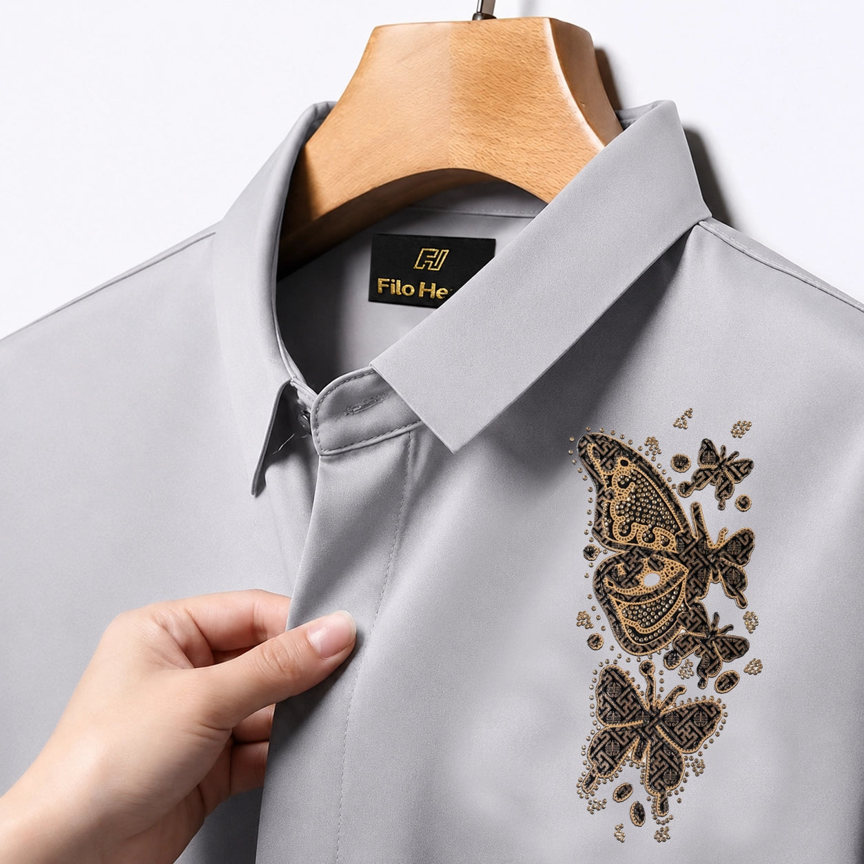 PARTY SHIRTS FOR MEN | PREMIUM SHIRTS | CLUB SHIRTS Butterfly Embroidery-Light Grey