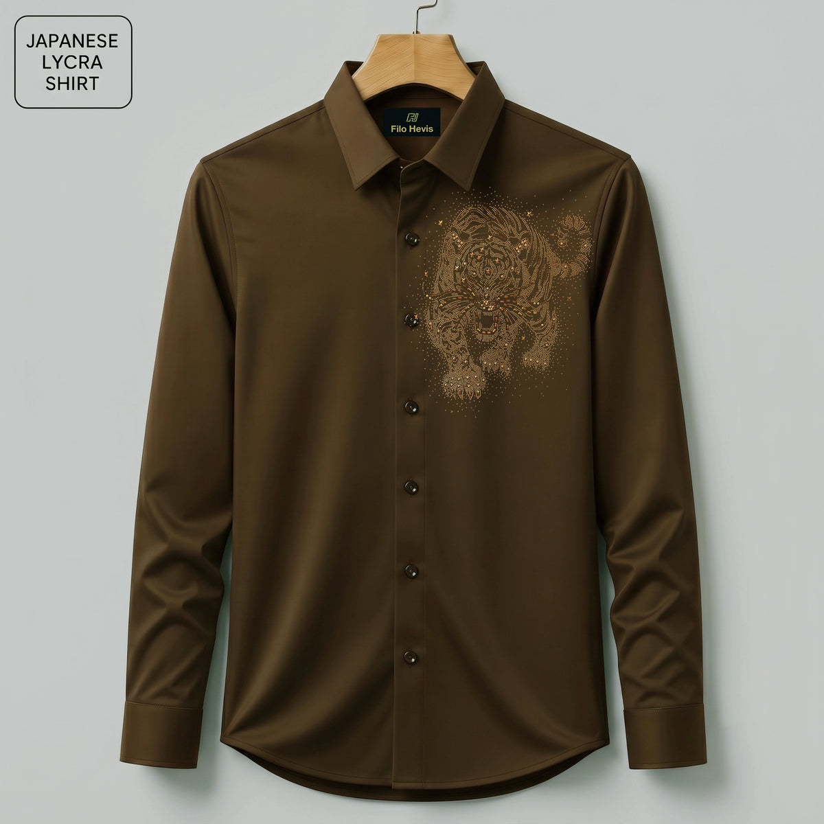 Tiger Embroidery Party Shirts | Club Wear | Light Brown