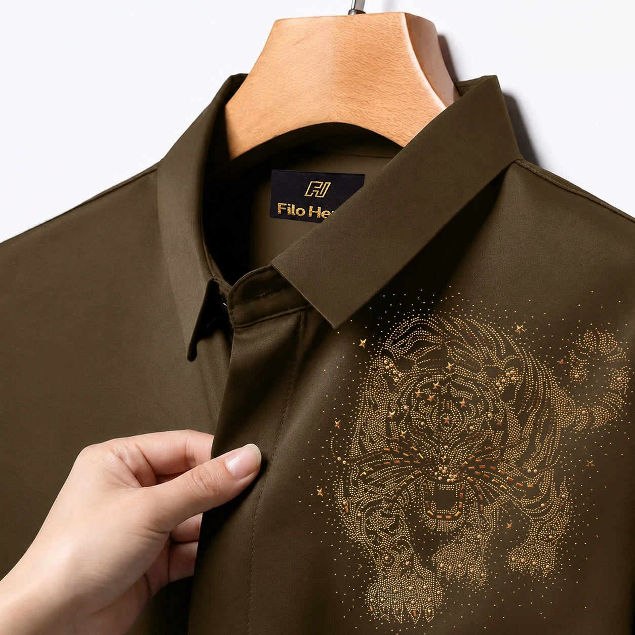 Tiger Embroidery Party Shirts | Club Wear | Light-Brown