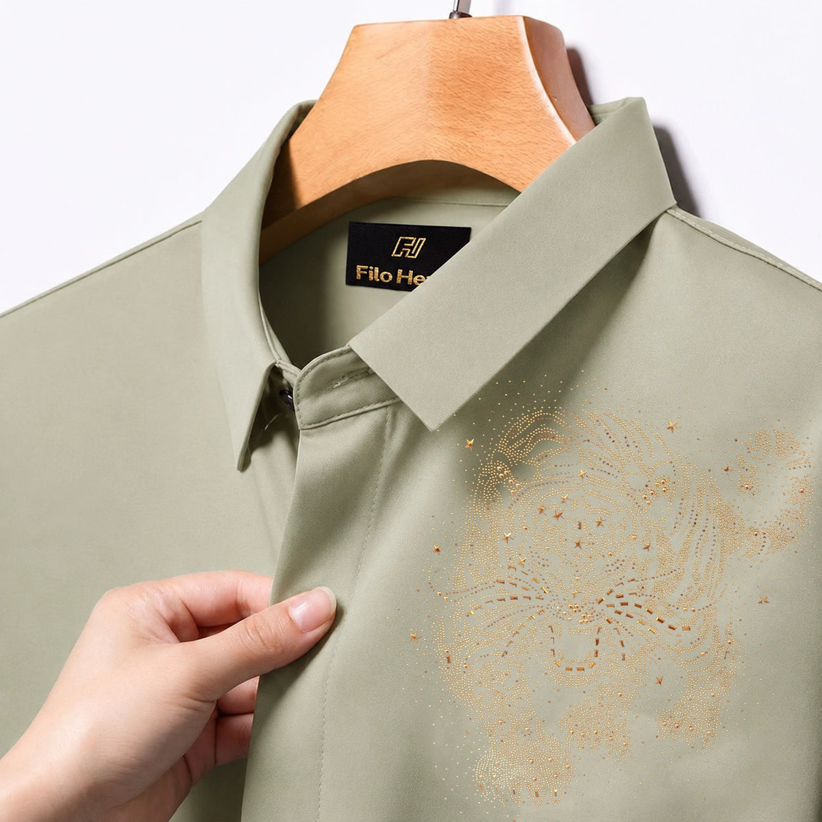 Tiger Embroidery Party Shirts | Club Wear | Light-Greyish-Green