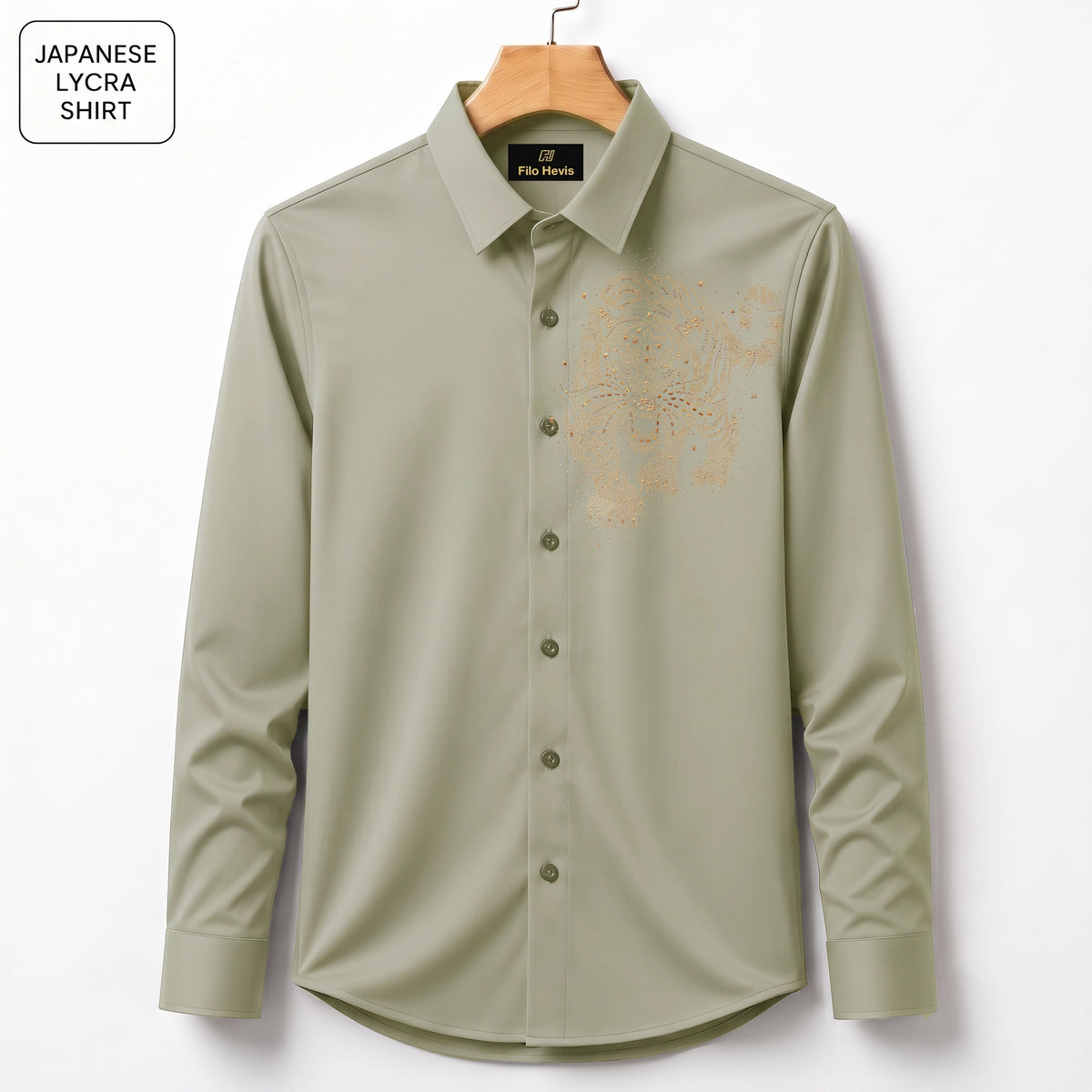 Tiger Embroidery Party Shirts | Club Wear | Light-Greyish-Green