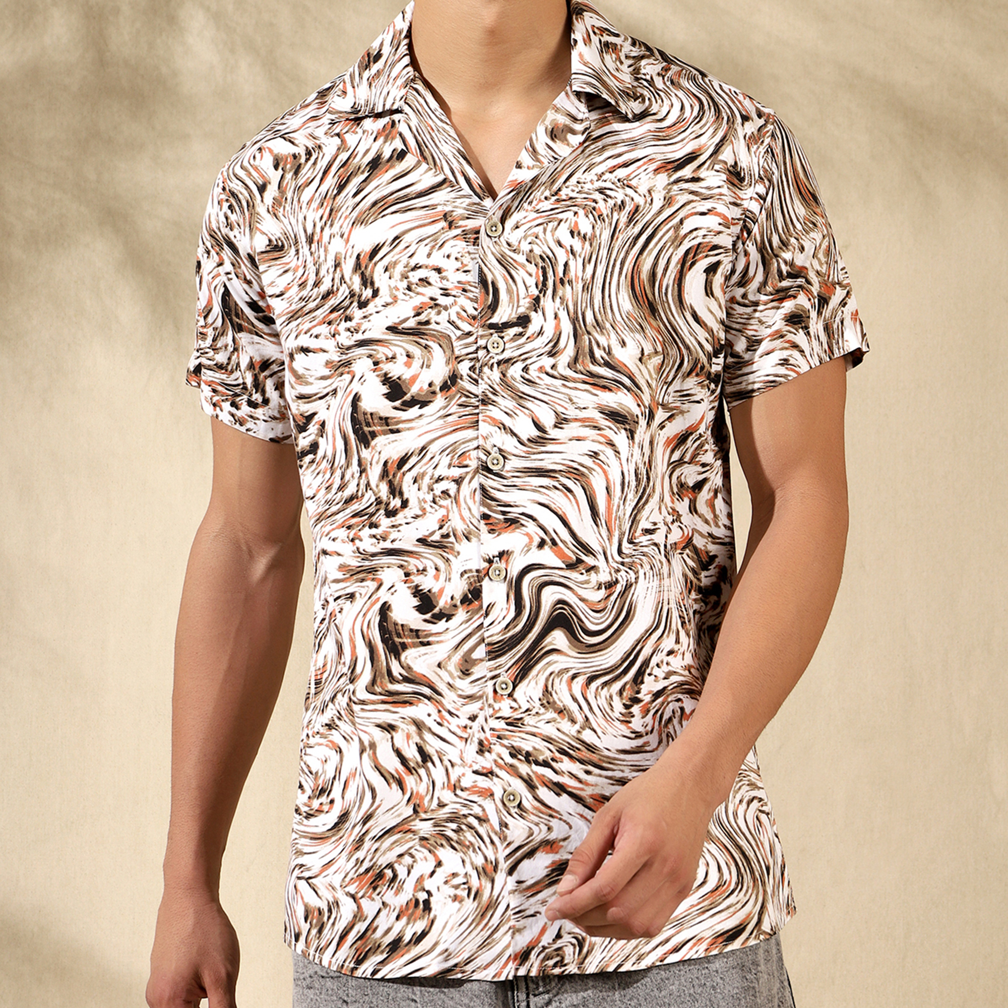 BROWN HALF CASUAL PRINTED COTTON SHIRT REGULAR FIT FOR MEN Filo Hevis